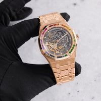 Thumbnail for Audemars Piguet Royal Oak Double Balance Wheel Openworked 41mm Frosted Pink Gold Rainbow Bezel Ref 15412OR.YG.1224OR.01-B - held in hand