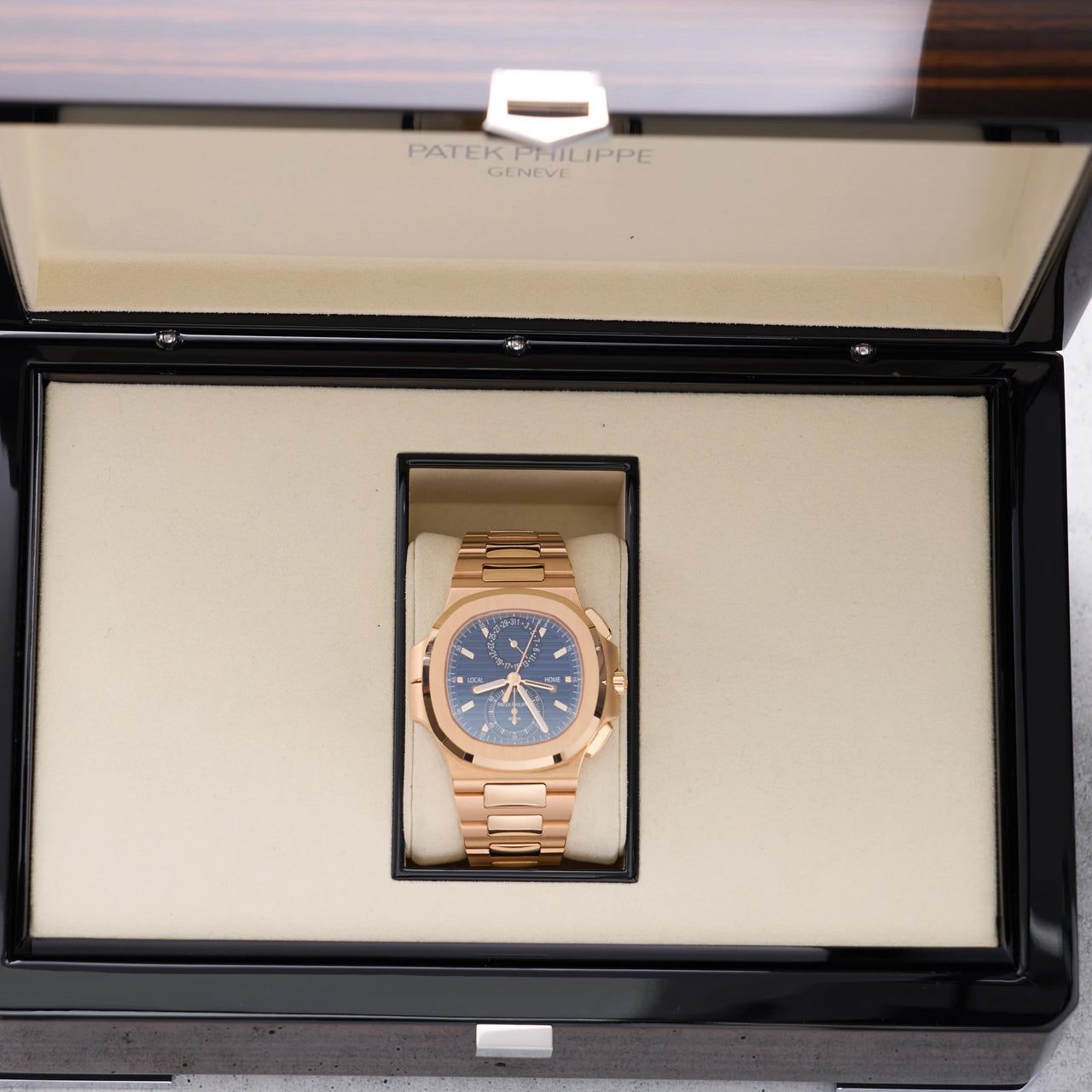 Patek Philippe Nautilus Travel Time Chronograph 18K Rose Gold Blue Dial Ref 5990/1R-001 - in Patek Philippe presentation box