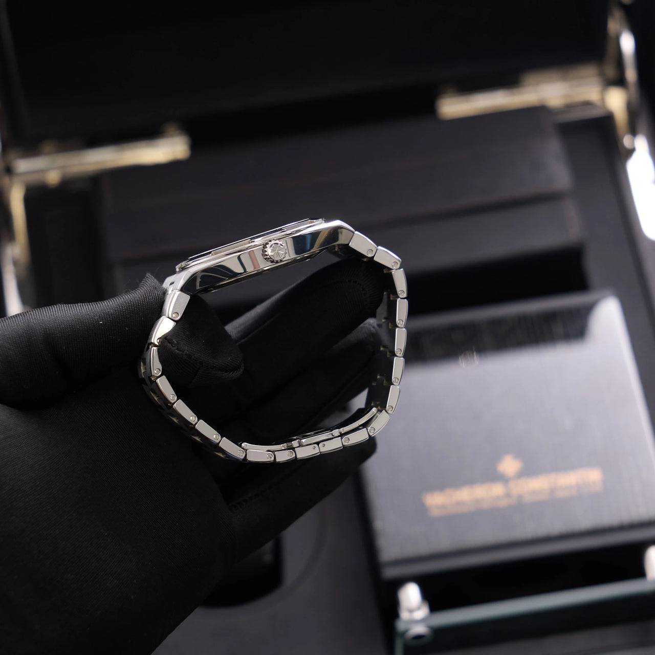 Vacheron Constantin Overseas Tourbillon 42.5mm Stainless Steel Blue Dial (Ref 6000V/110A-B544) - crown side profile over the presentation box