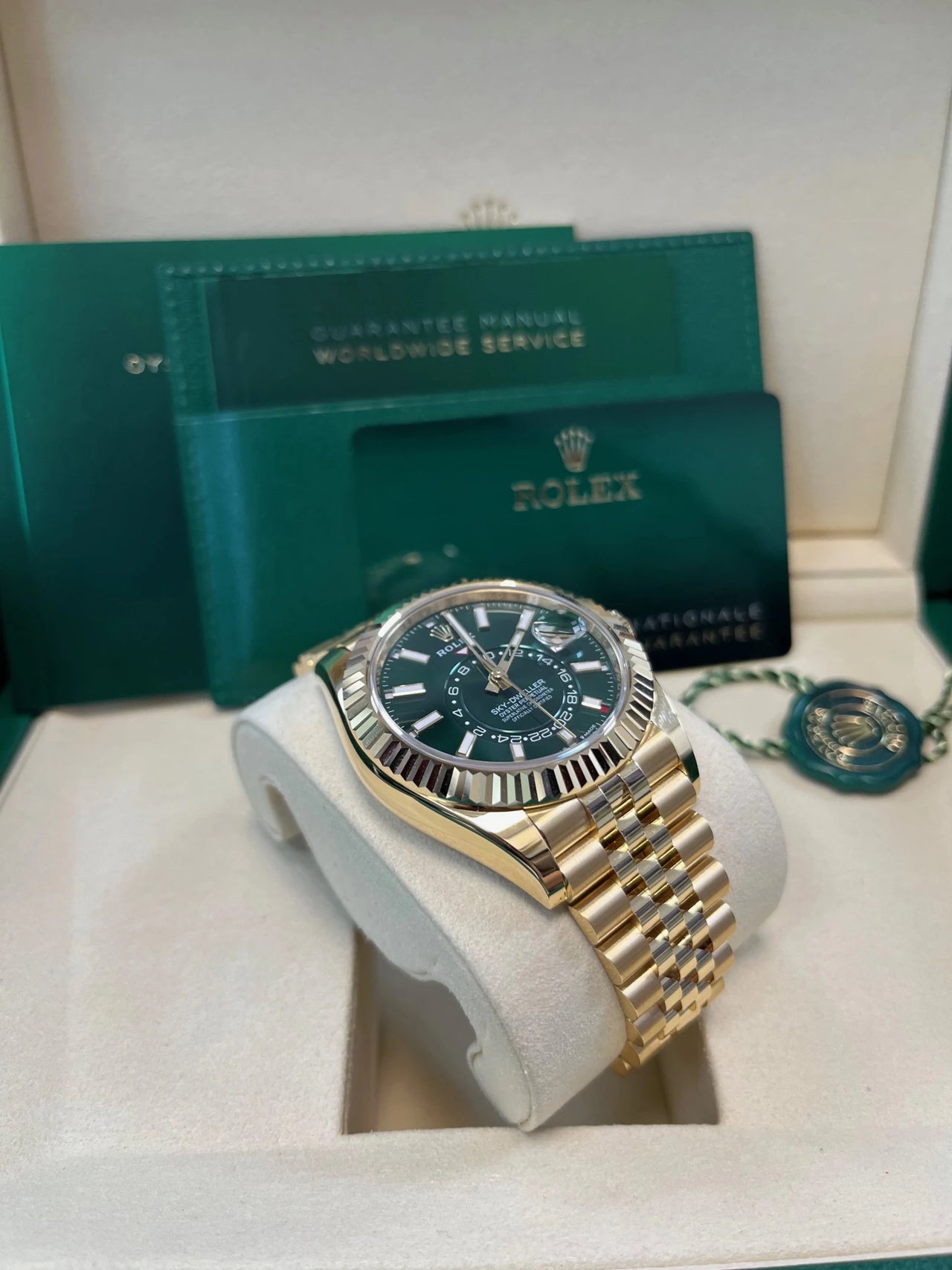 2025 New Release Rolex Sky - Dweller Yellow Gold 42mm – Bright Green Dial (Ref. 336938) - WatchesOff5thWatch