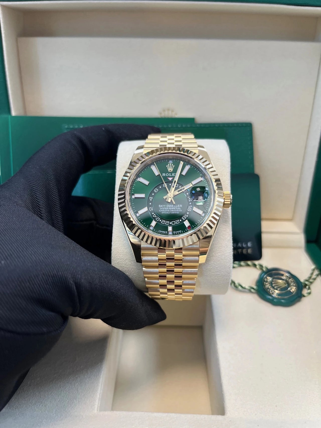 2025 New Release Rolex Sky - Dweller Yellow Gold 42mm – Bright Green Dial (Ref. 336938) - WatchesOff5thWatch