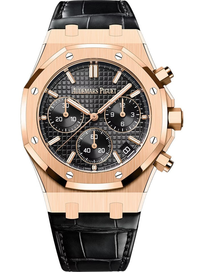 41mm Rose Gold Audemars Piguet Royal Oak Chronograph with Black Dial and Black Alligator Strap