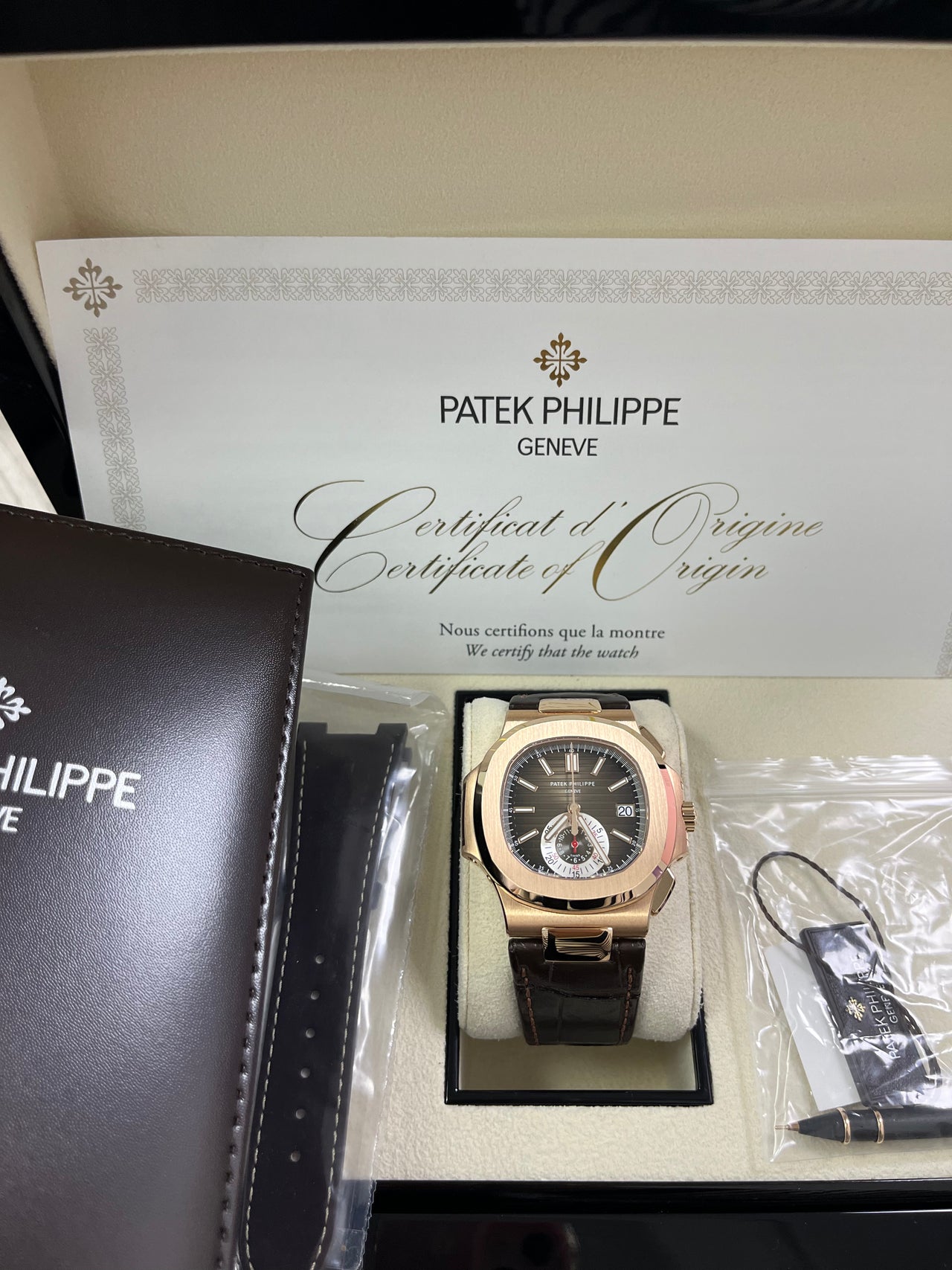 Patek Philippe Nautilus Rose Gold Brown Dial Leather Strap Ref 5980 WatchesOff5th