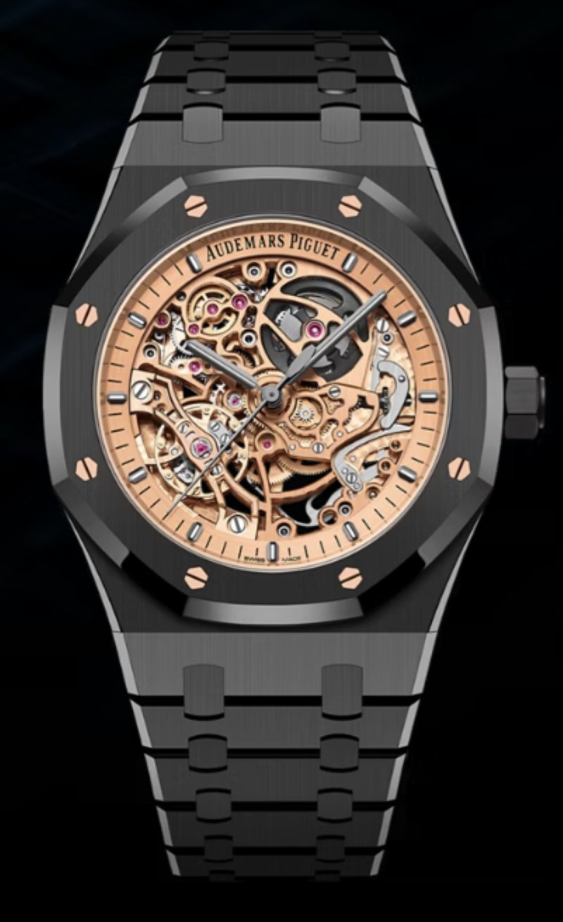 An Audemars Piguet Royal Oak Double Balance Wheel Openworked, crafted in black ceramic and featuring a 41mm case. This limited edition of 150 pieces showcases a skeletonized dial, revealing the intricate double balance wheel mechanism for enhanced precision. The watch is powered by the self-winding Caliber 3132 and paired with a matching black ceramic bracelet, offering a modern, technical aesthetic. A true masterpiece for collectors.