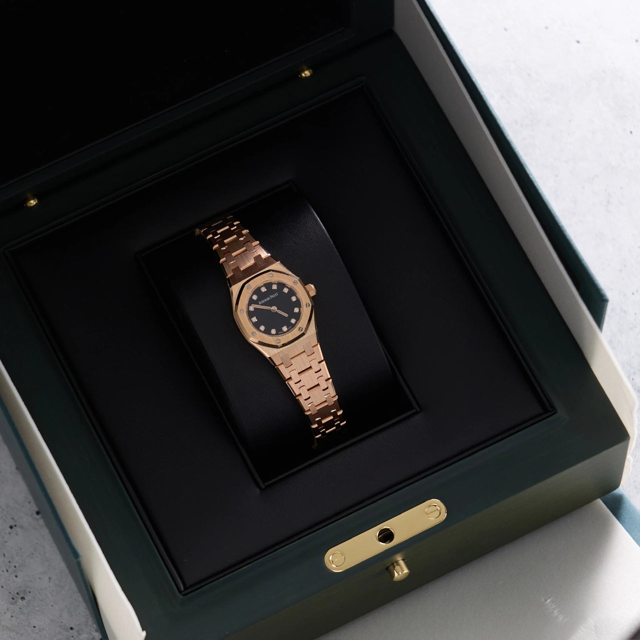 Audemars Piguet Royal Oak Mini Quartz 23mm 18K Pink Gold Black Onyx Diamond Dial Fixed Bezel (Ref 67630OR.OO.1312OR.01-B) - WatchesOff5thWatch