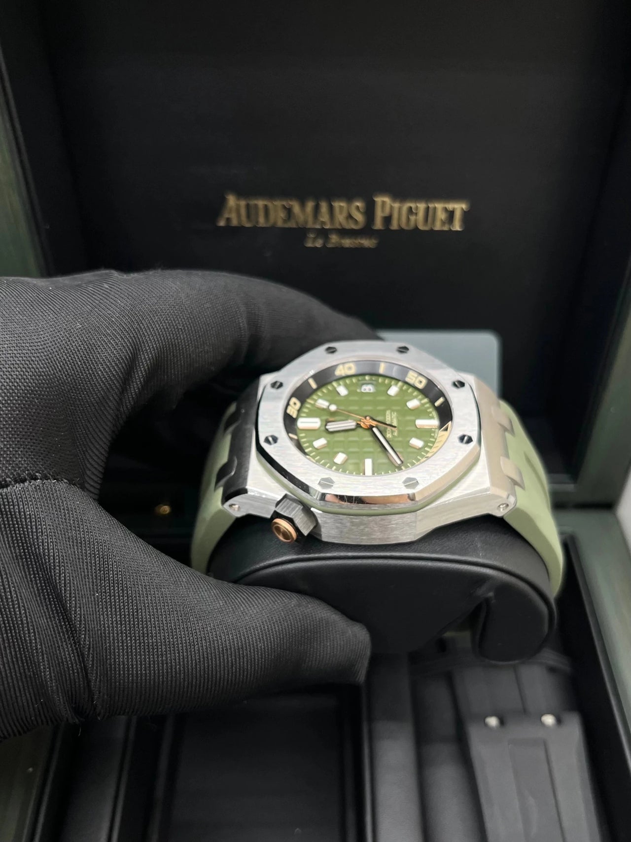 Audemars Piguet Royal Oak Offshore Diver 42mm Stainless Steel Khaki Green Dial Fixed Bezel (Ref 15720ST.OO.A052CA.01) - WatchesOff5thWatch