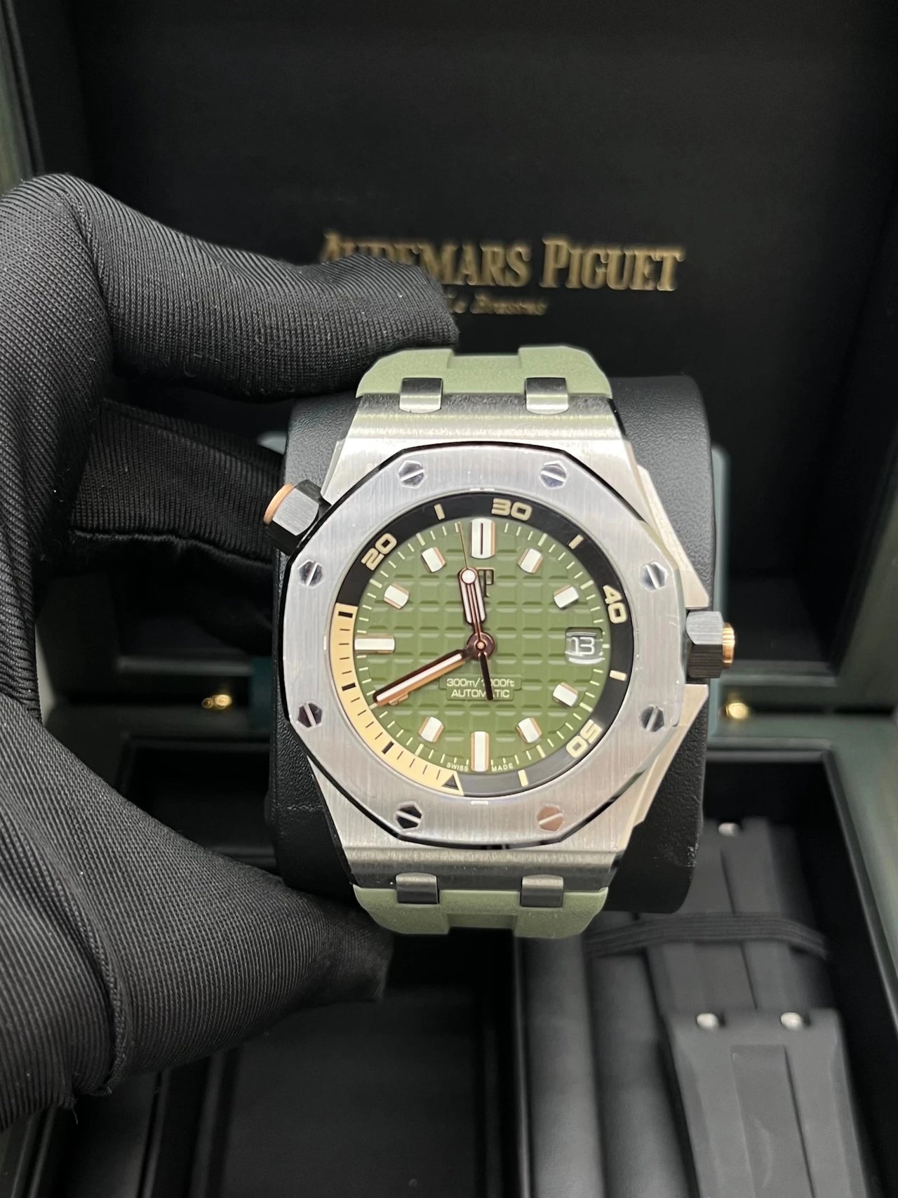Audemars Piguet Royal Oak Offshore Diver 42mm Stainless Steel Khaki Green Dial Fixed Bezel (Ref 15720ST.OO.A052CA.01) - WatchesOff5thWatch
