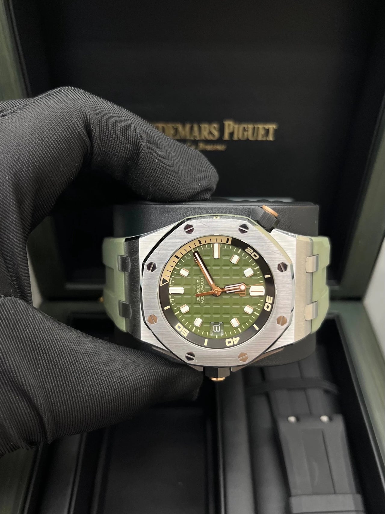 Audemars Piguet Royal Oak Offshore Diver 42mm Stainless Steel Khaki Green Dial Fixed Bezel (Ref 15720ST.OO.A052CA.01) - WatchesOff5thWatch