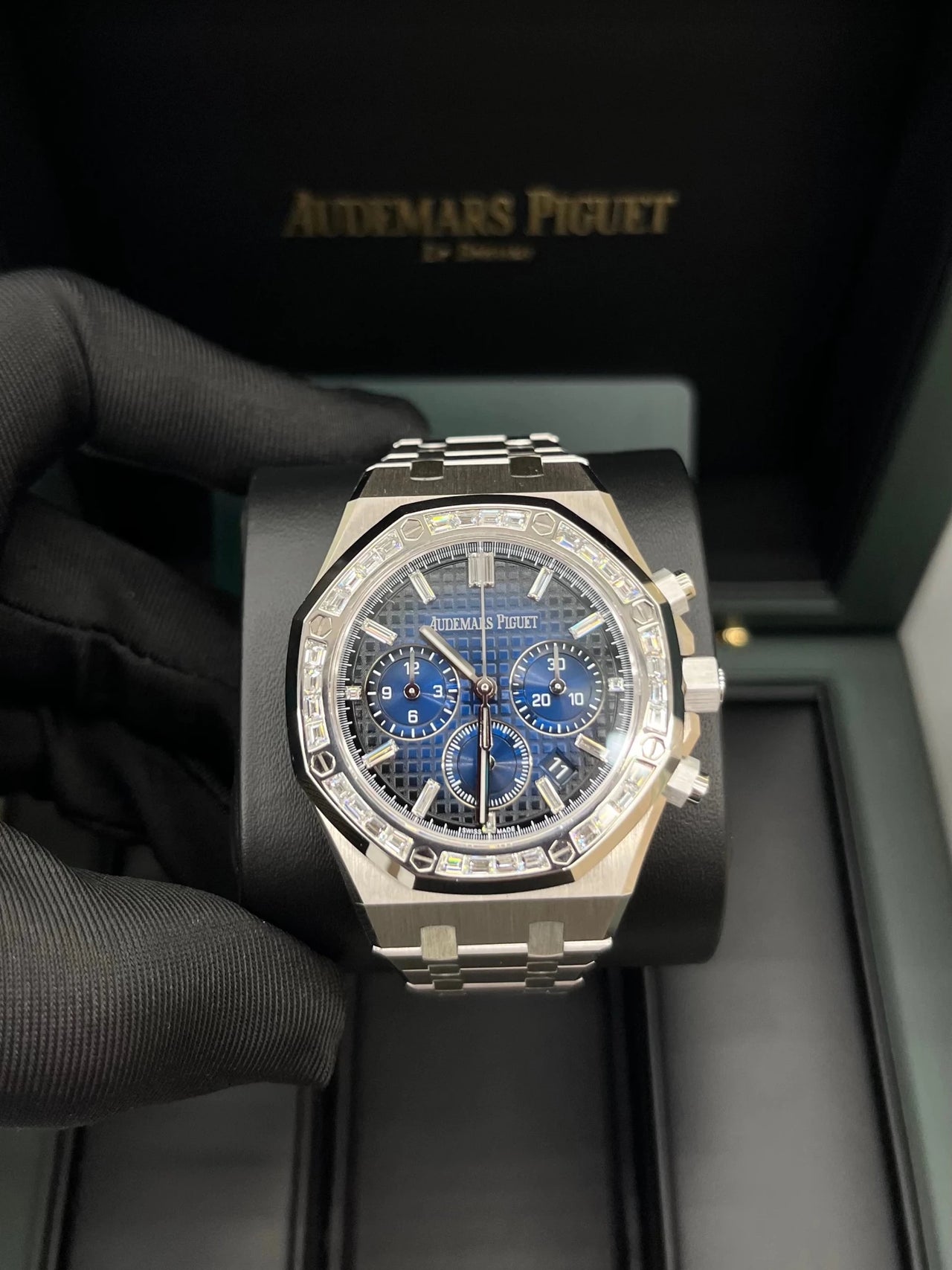 Audemars Piguet Royal Oak Selfwinding Chronograph 38mm 18K White Gold Diamond Bezel Smoked Blue Dial (Ref 26715BC.ZZ.1356BC.01) - WatchesOff5thWatch