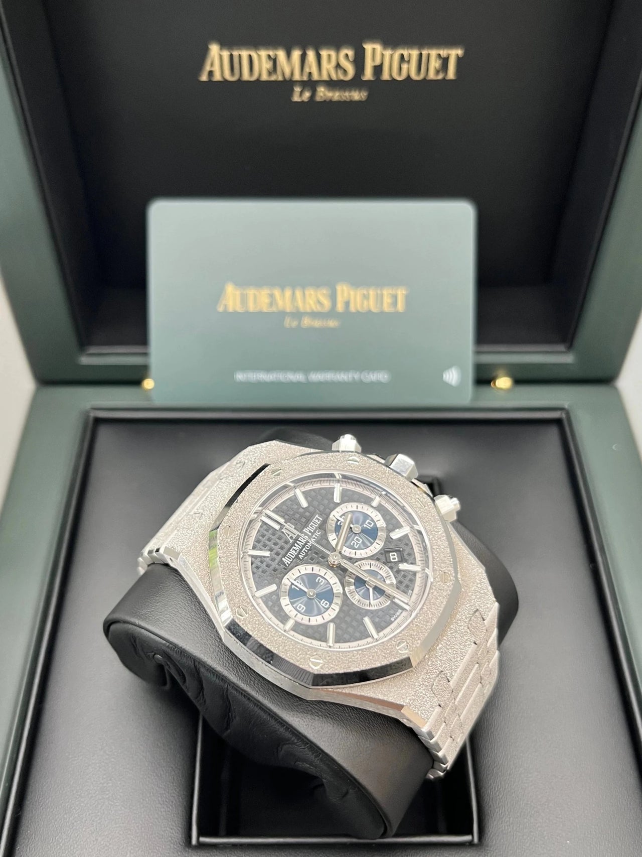 Audemars Piguet Royal Oak Selfwinding Chronograph 41mm Frosted 18K White Gold Black Dial Fixed Bezel (Ref 26331BC.GG.1224BC.03) - WatchesOff5thWatch