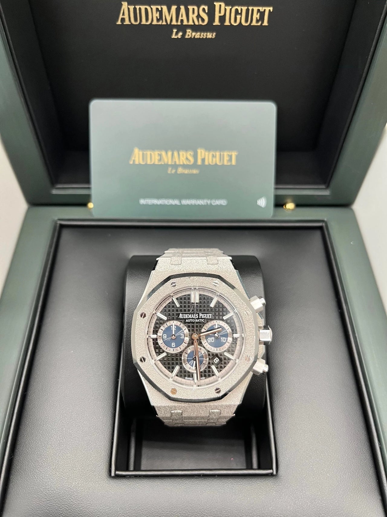 Audemars Piguet Royal Oak Selfwinding Chronograph 41mm Frosted 18K White Gold Black Dial Fixed Bezel (Ref 26331BC.GG.1224BC.03) - WatchesOff5thWatch