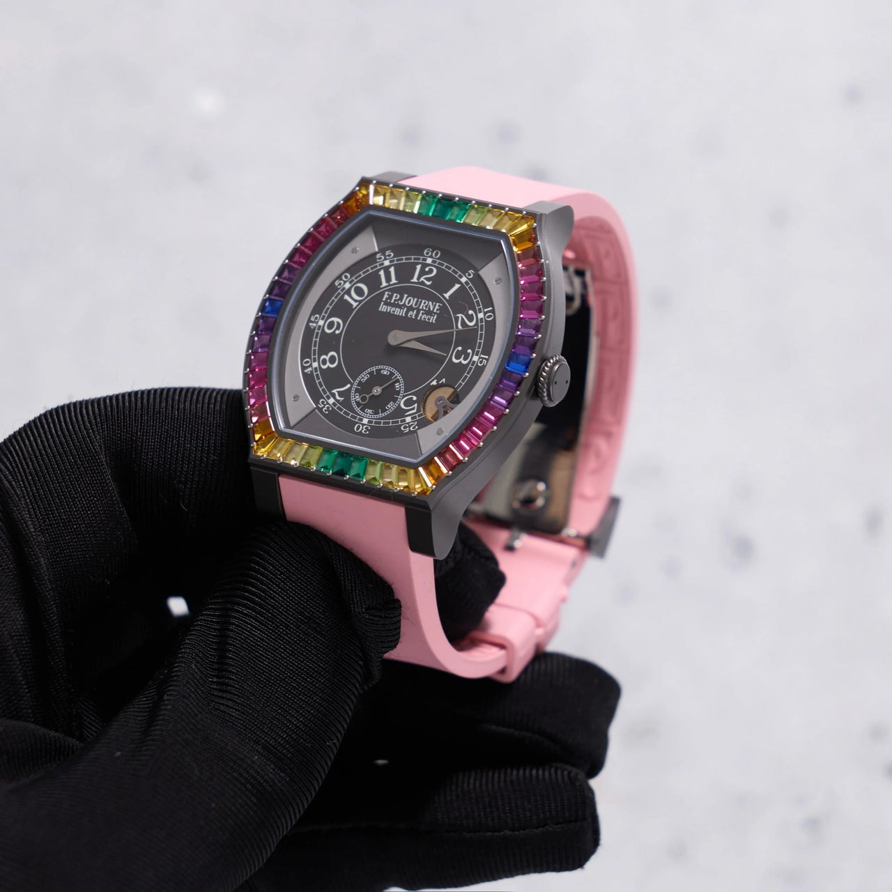 F.P. Journe Élégante Gino's Dream 48mm Titalyt Titanium Black Dial Rainbow Baguette Bezel (Ref ELHT) - WatchesOff5thWatch