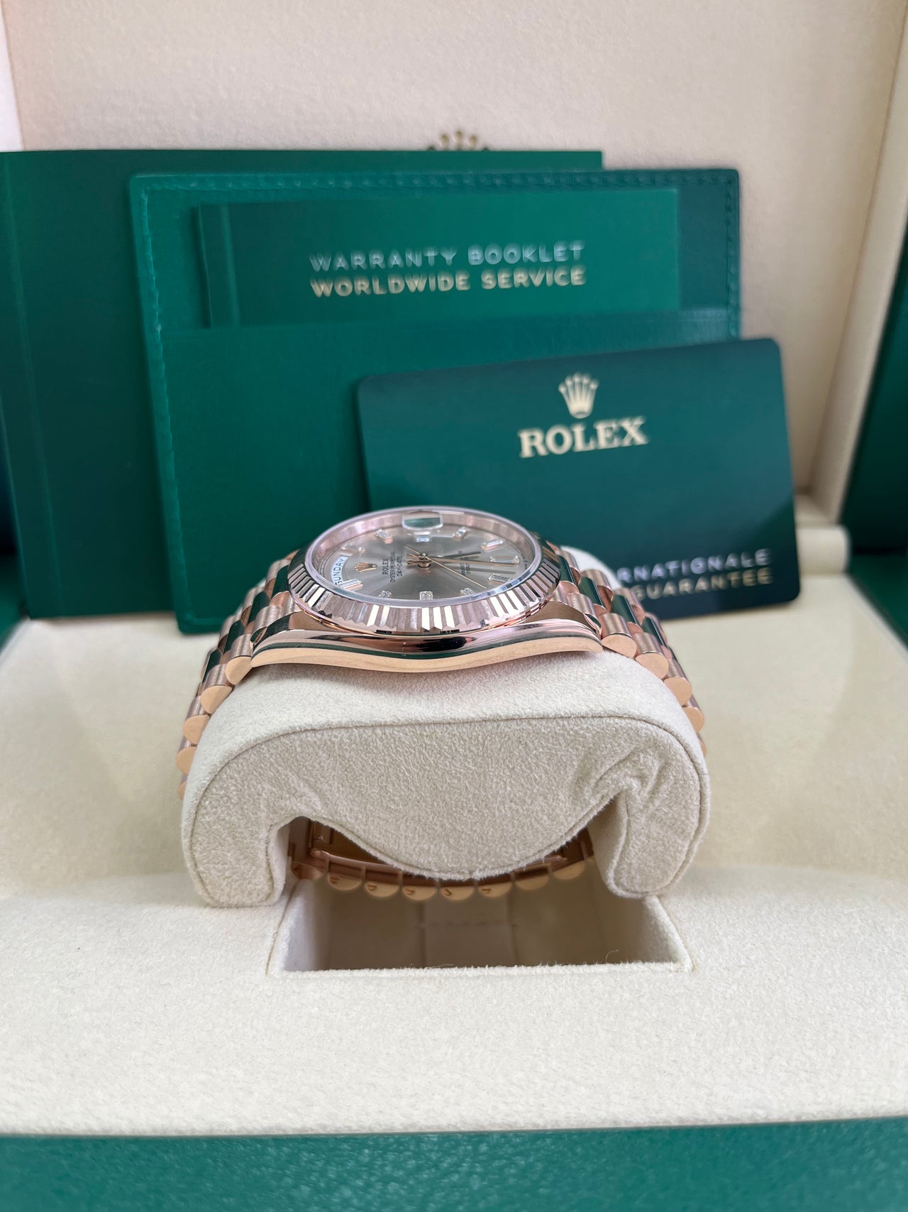 Rolex Day-Date 40 Fluted Bezel Sundust Baguette Diamond Dial President Bracelet 228235