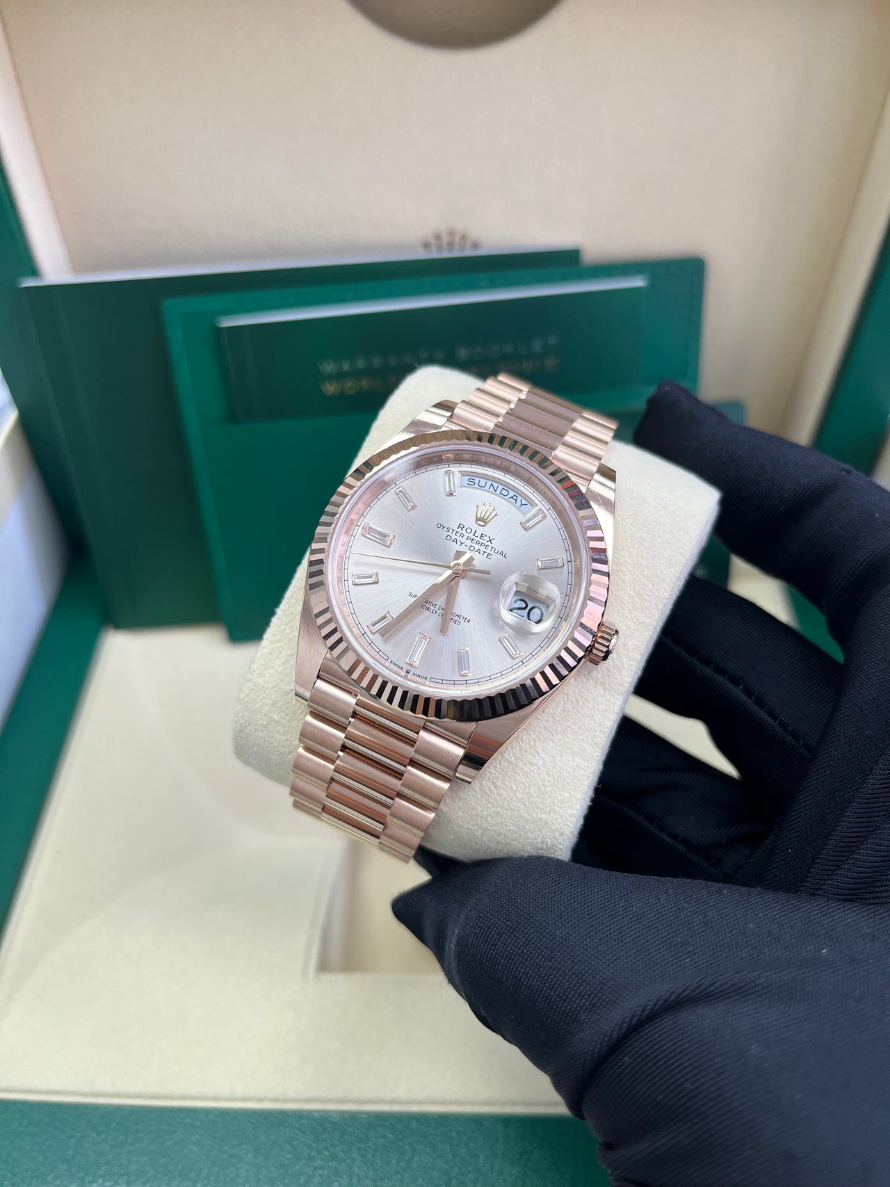 Rolex Day-Date 40 Fluted Bezel Sundust Baguette Diamond Dial President Bracelet 228235