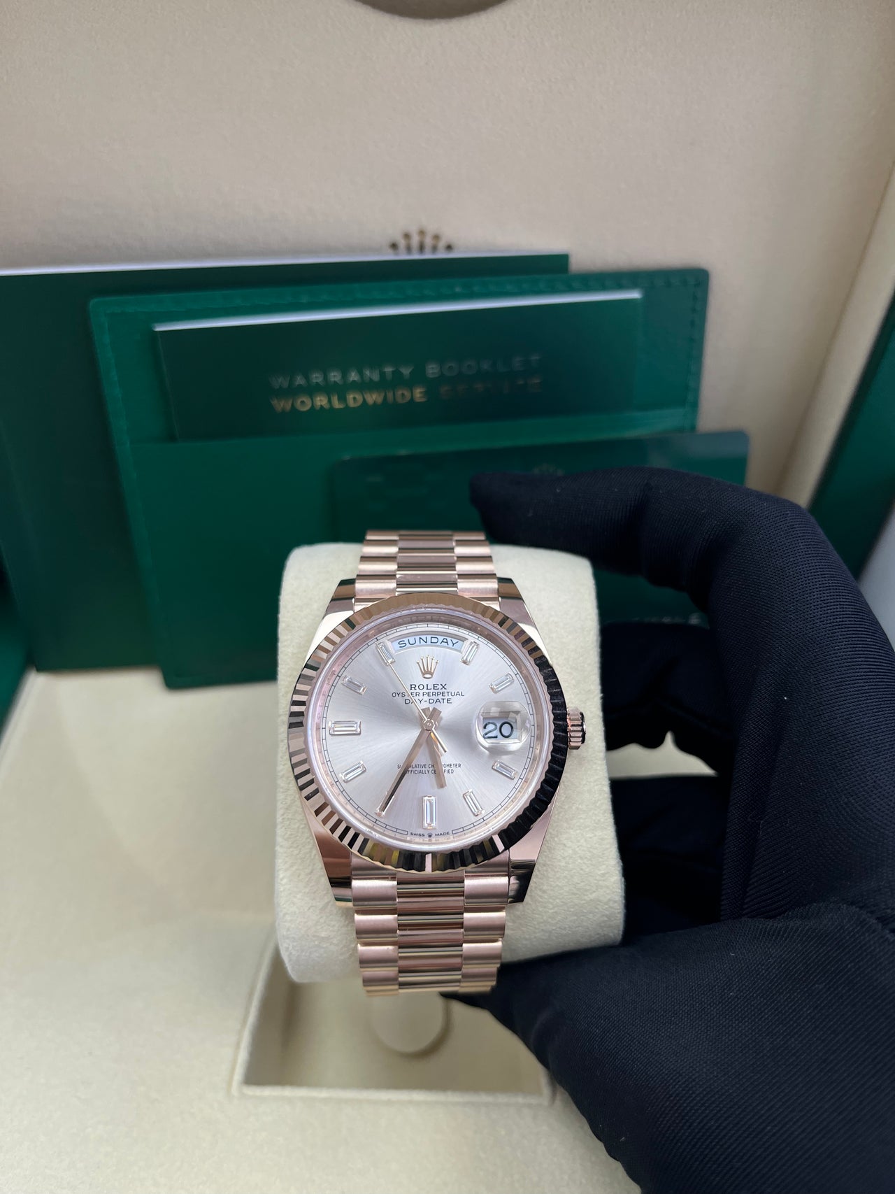 Rolex Day-Date 40 Fluted Bezel Sundust Baguette Diamond Dial President Bracelet 228235