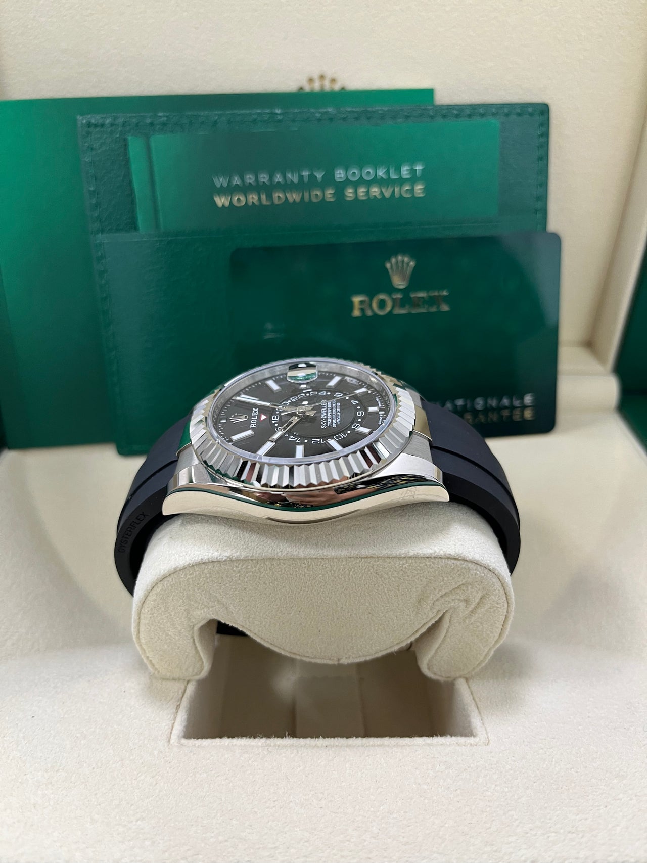 Rolex Sky-Dweller White Gold Fluted Bezel Black Index Dial Oysterflex Strap 336239