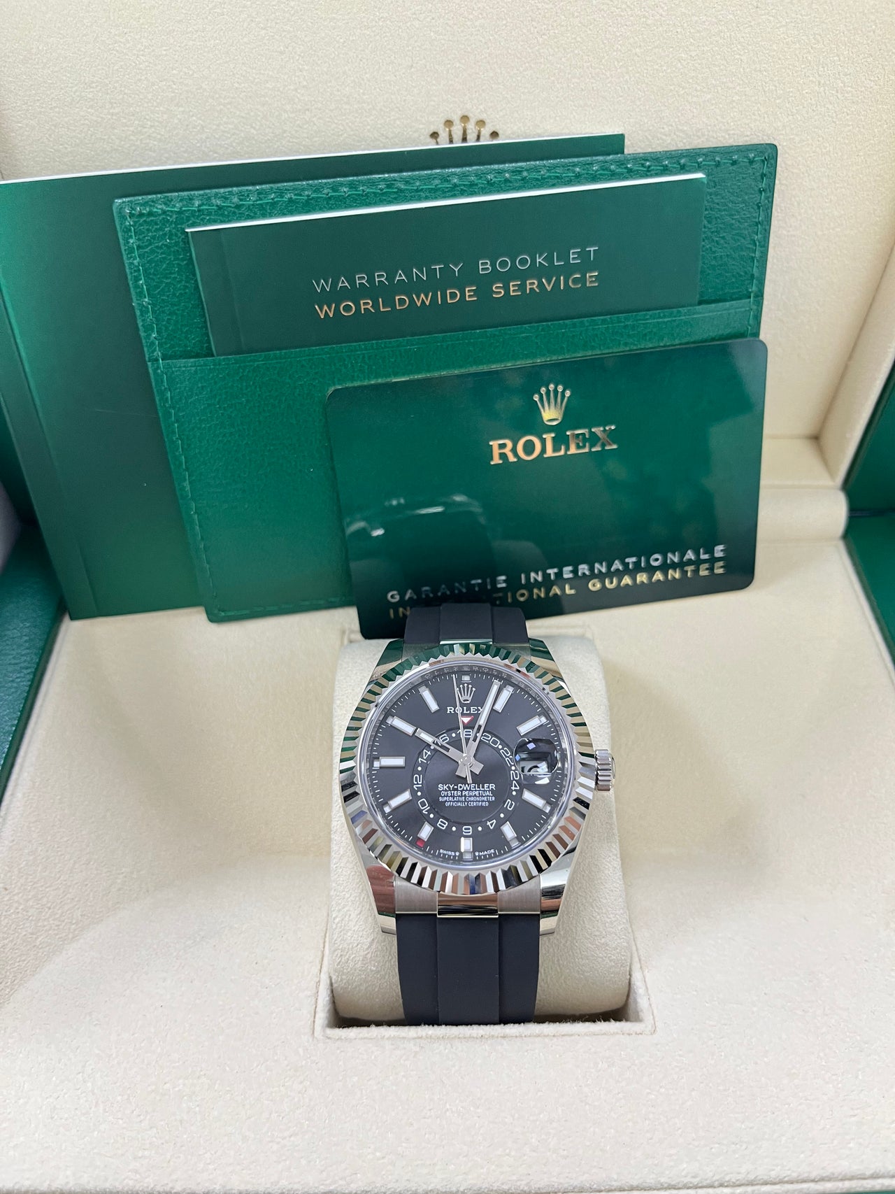 Rolex Sky-Dweller White Gold Fluted Bezel Black Index Dial Oysterflex Strap 336239