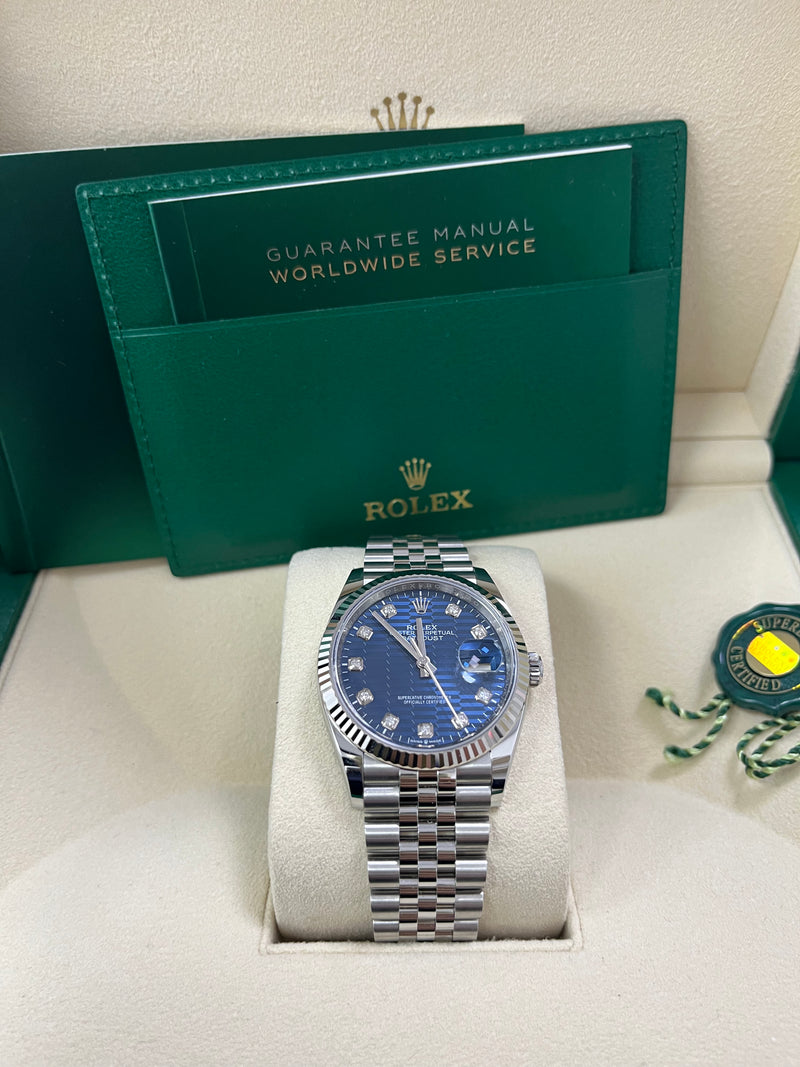 Rolex Datejust 36 Fluted Bezel Bright Blue Fluted Motif Diamond Dial Jubilee Bracelet 126234