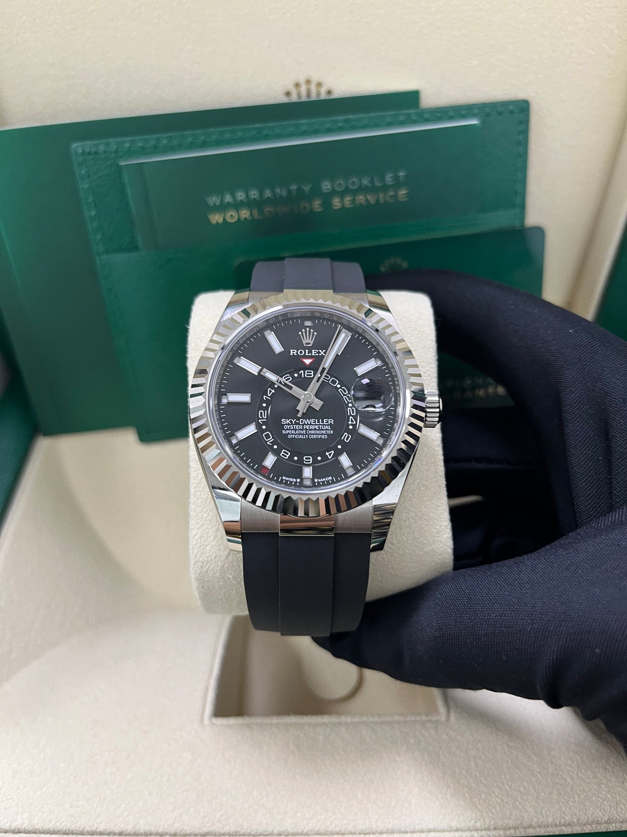 Rolex Sky-Dweller White Gold Fluted Bezel Black Index Dial Oysterflex Strap 336239