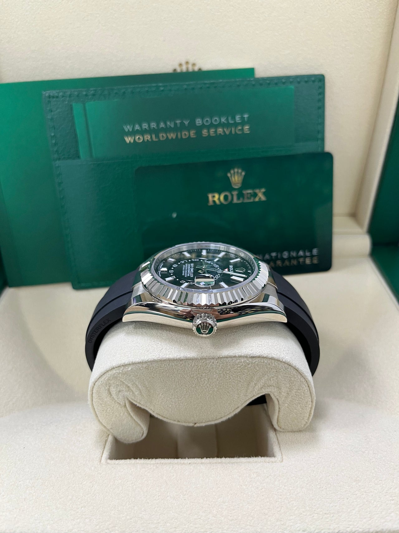 Rolex Sky-Dweller White Gold Fluted Bezel Black Index Dial Oysterflex Strap 336239