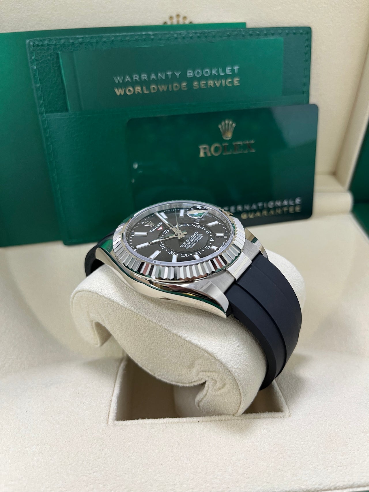 Rolex Sky-Dweller White Gold Fluted Bezel Black Index Dial Oysterflex Strap 336239