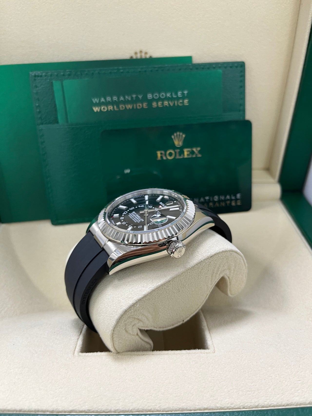 Rolex Sky-Dweller White Gold Fluted Bezel Black Index Dial Oysterflex Strap 336239