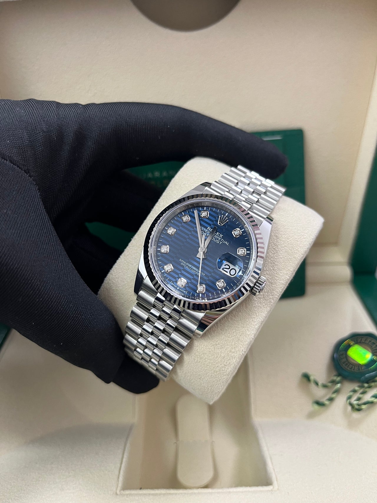 Rolex Datejust 36 Fluted Bezel Bright Blue Fluted Motif Diamond Dial Jubilee Bracelet 126234