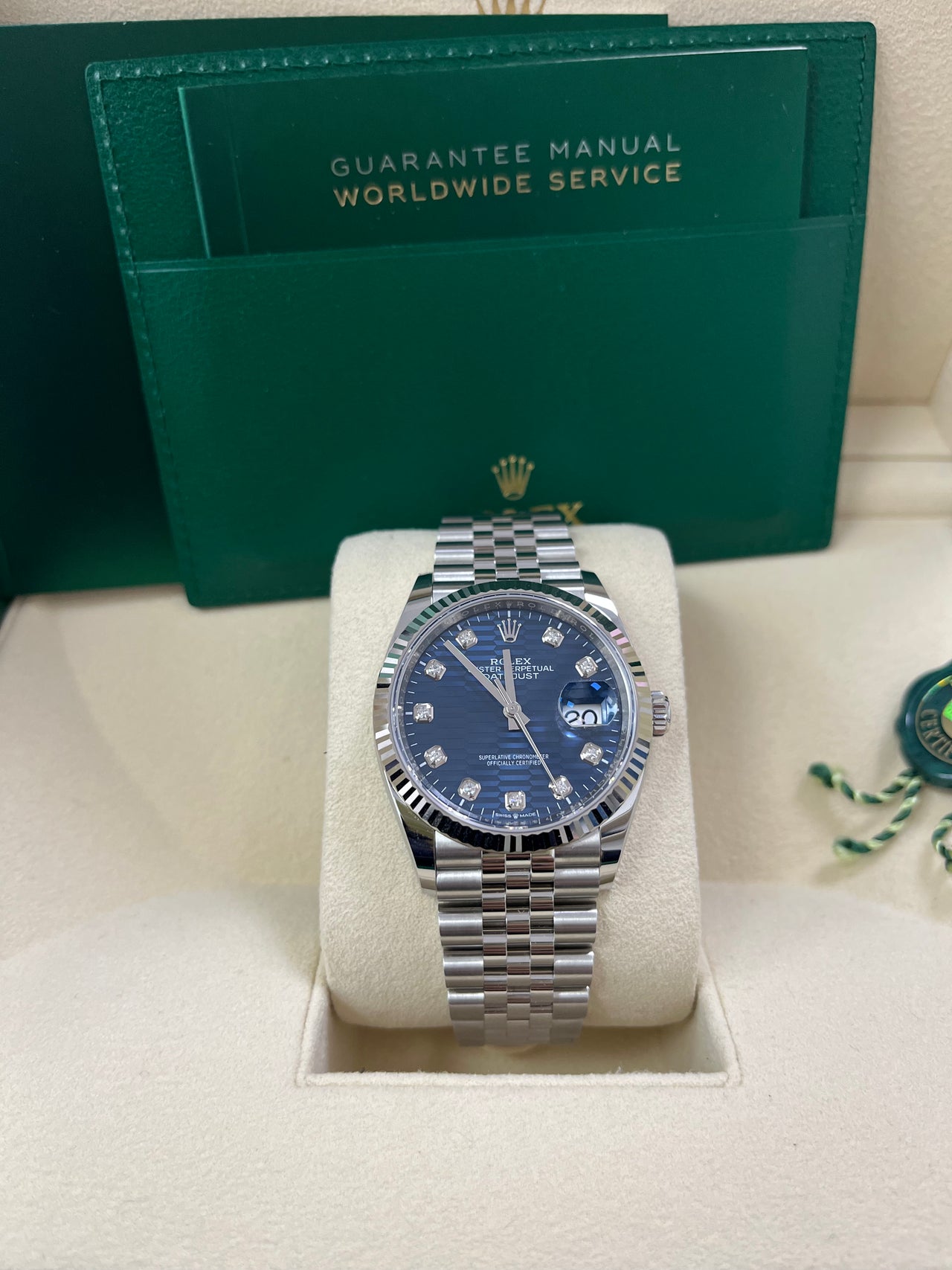 Rolex Datejust 36 Fluted Bezel Bright Blue Fluted Motif Diamond Dial Jubilee Bracelet 126234