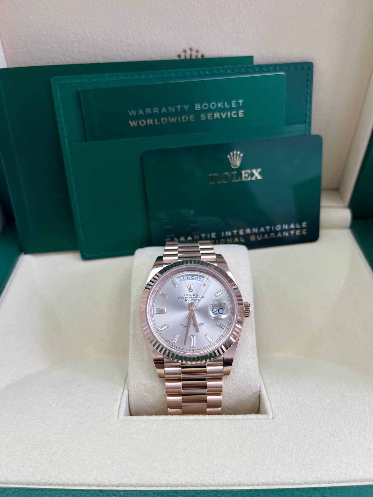 Rolex Day-Date 40 Fluted Bezel Sundust Baguette Diamond Dial President Bracelet 228235