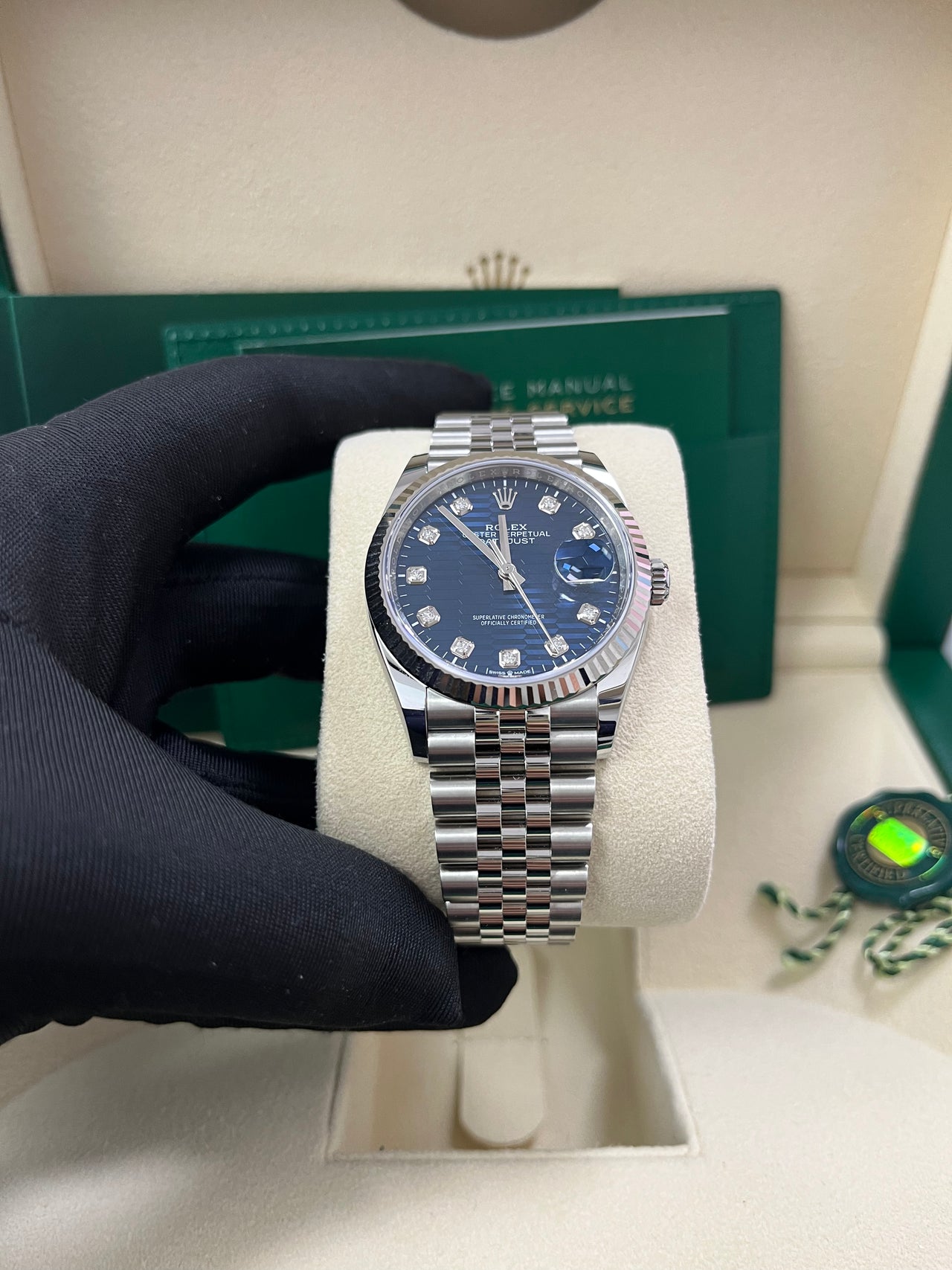 Rolex Datejust 36 Fluted Bezel Bright Blue Fluted Motif Diamond Dial Jubilee Bracelet 126234