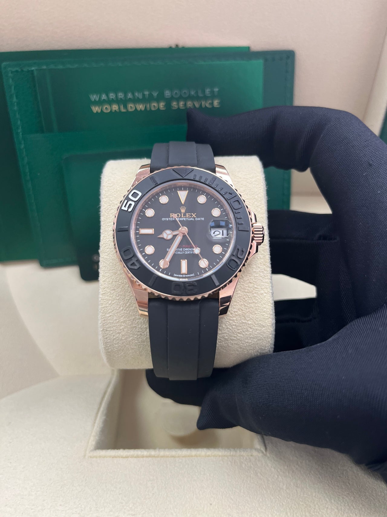 Rolex Yacht Master 37mm Rose Gold Black Dial Oysterflex Strap Ref WatchesOff5th