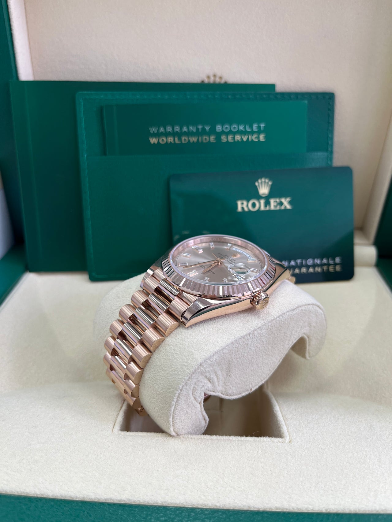 Rolex Day-Date 40 Fluted Bezel Sundust Baguette Diamond Dial President Bracelet 228235