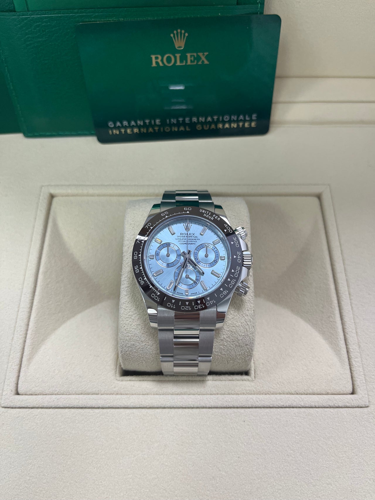 Rolex Daytona Platinum 40mm Ice Blue Diamond Baguette Dial (Ref # 116506)