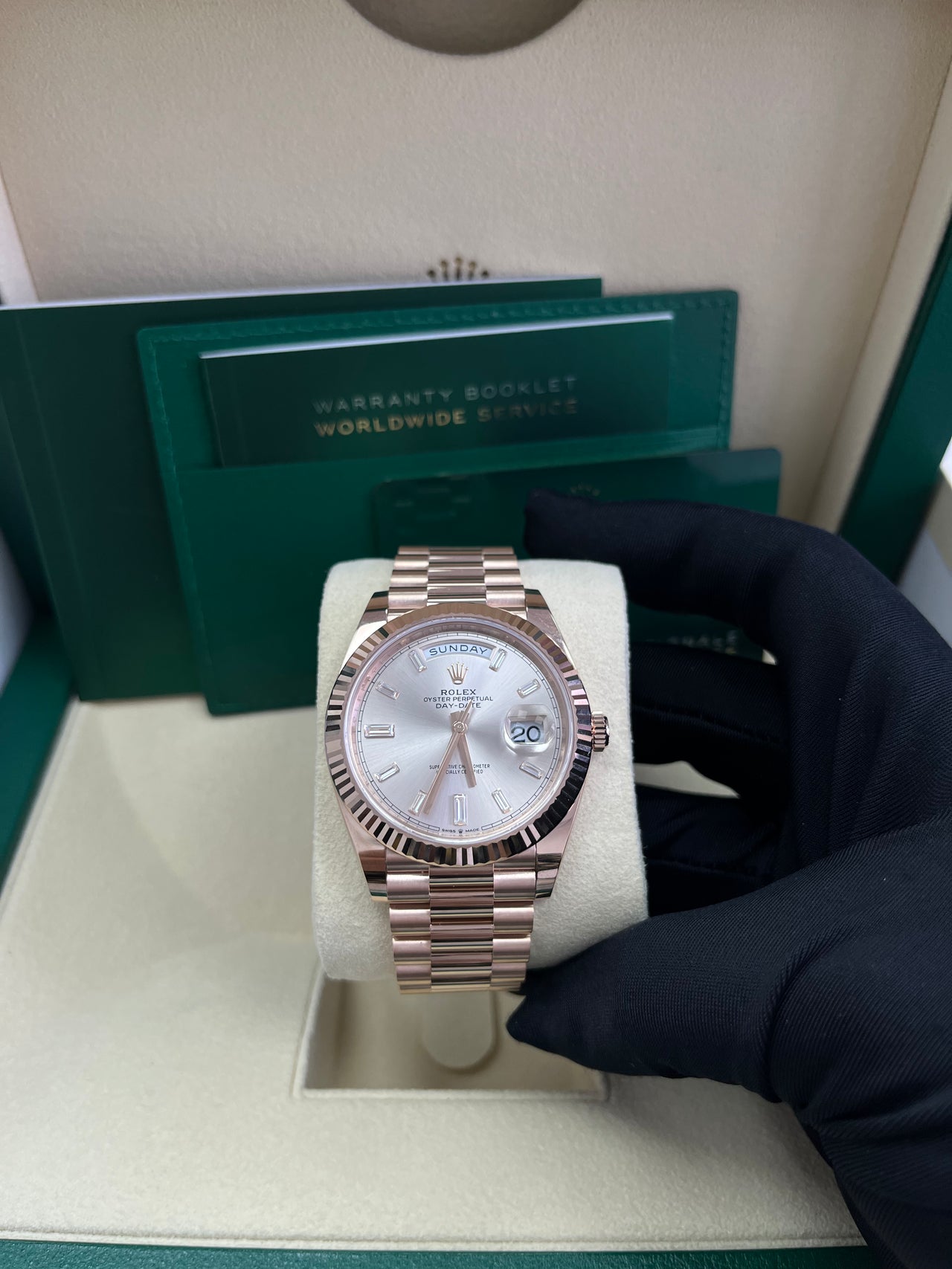 Rolex Day-Date 40 Fluted Bezel Sundust Baguette Diamond Dial President Bracelet 228235