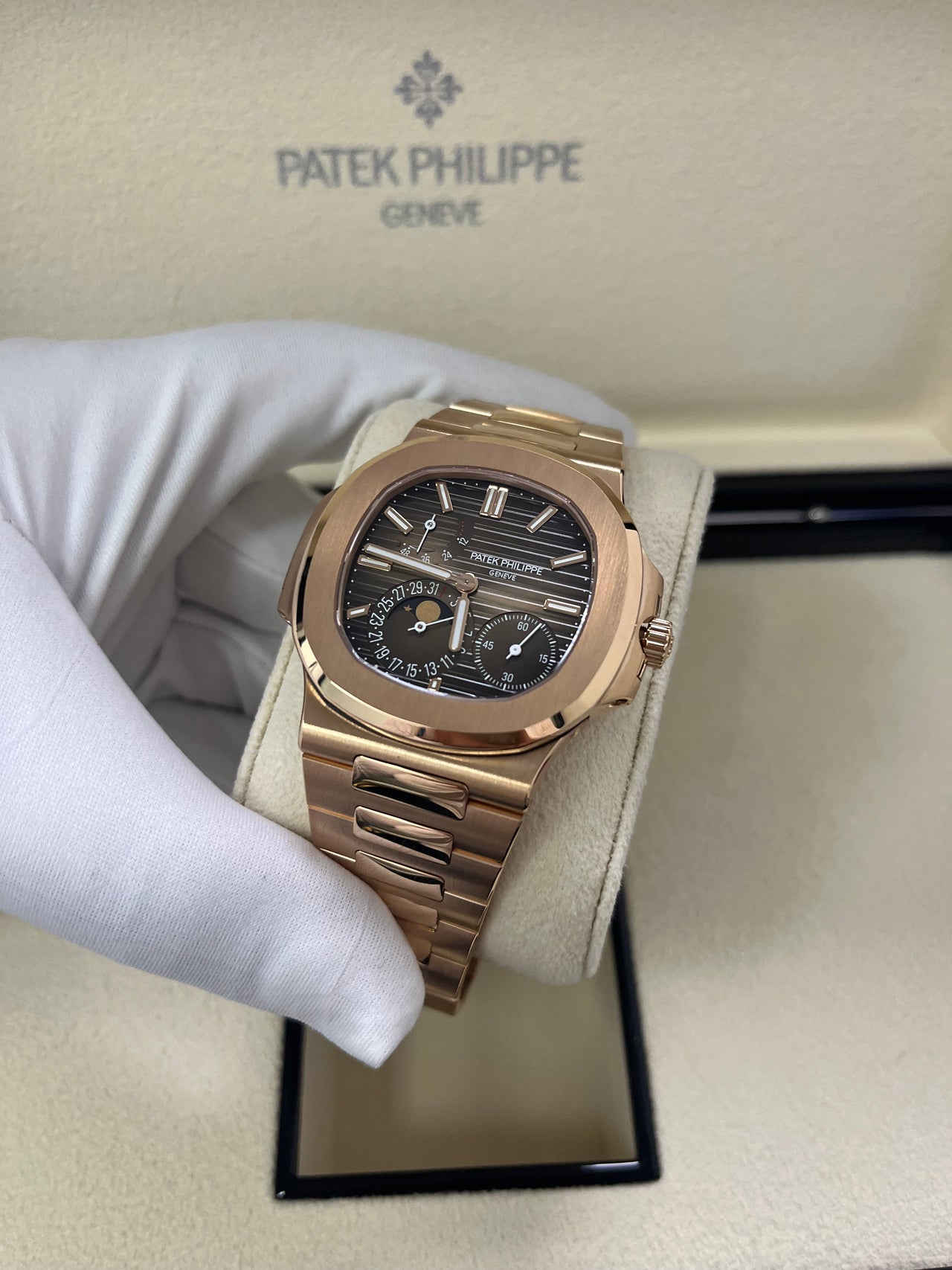 Patek Philippe Nautilus Moon Phase Rose Gold 40mm Brown Black Dial 571 WatchesOff5th