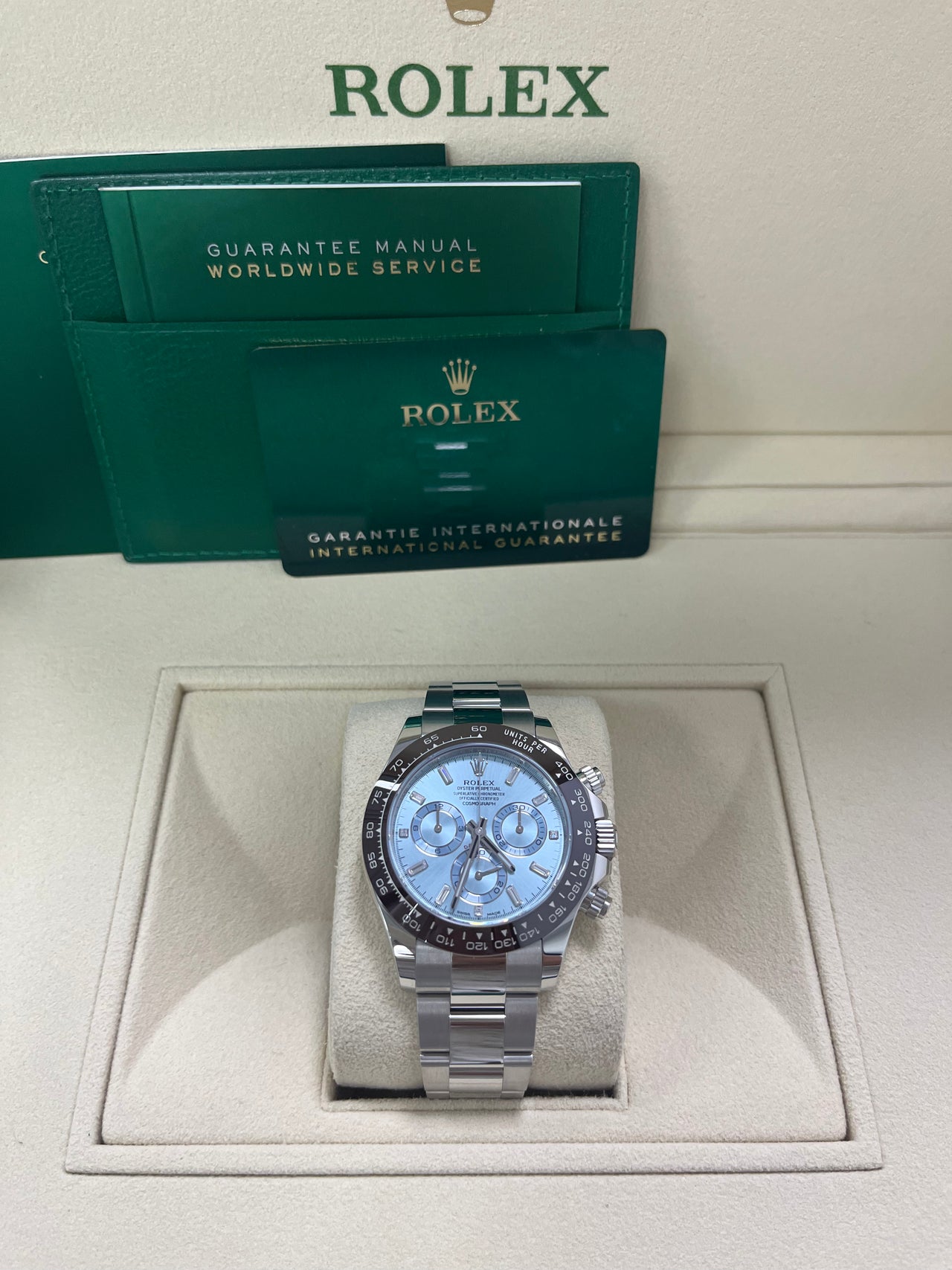 Rolex Daytona Platinum 40mm Ice Blue Diamond Baguette Dial (Ref # 116506)