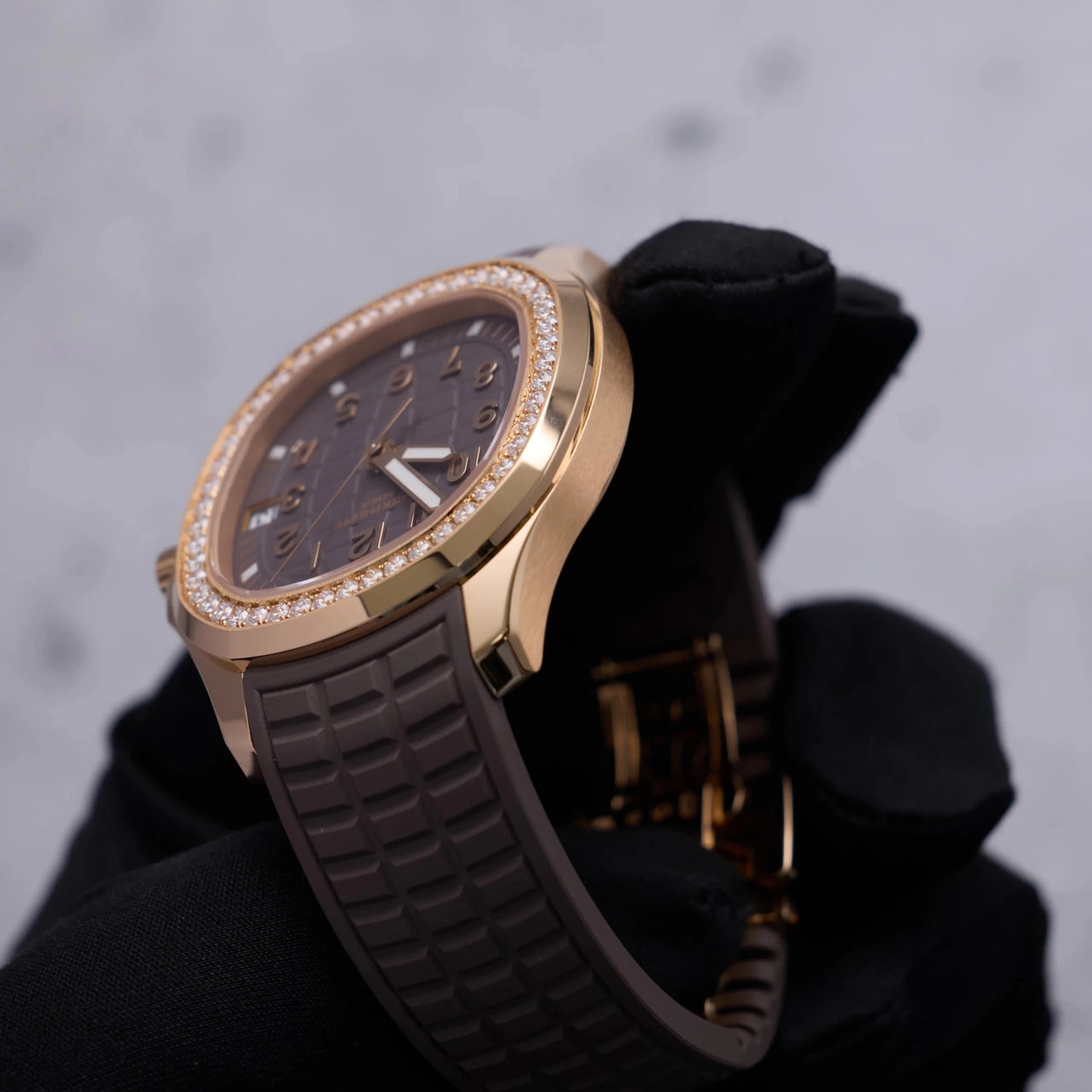 Patek Philippe Aquanaut 38.8mm 18K Rose Gold Taupe Dial Diamond Bezel (Ref 5268/200R-010) - WatchesOff5thWatch