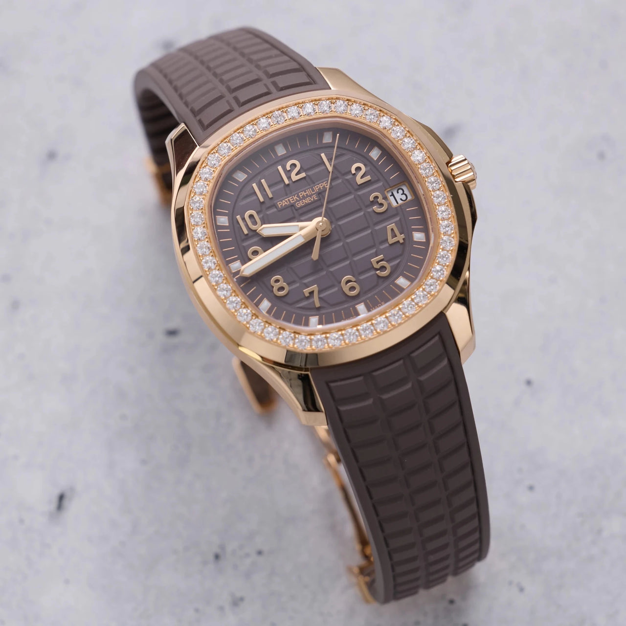Patek Philippe Aquanaut 38.8mm 18K Rose Gold Taupe Dial Diamond Bezel (Ref 5268/200R-010) - WatchesOff5thWatch