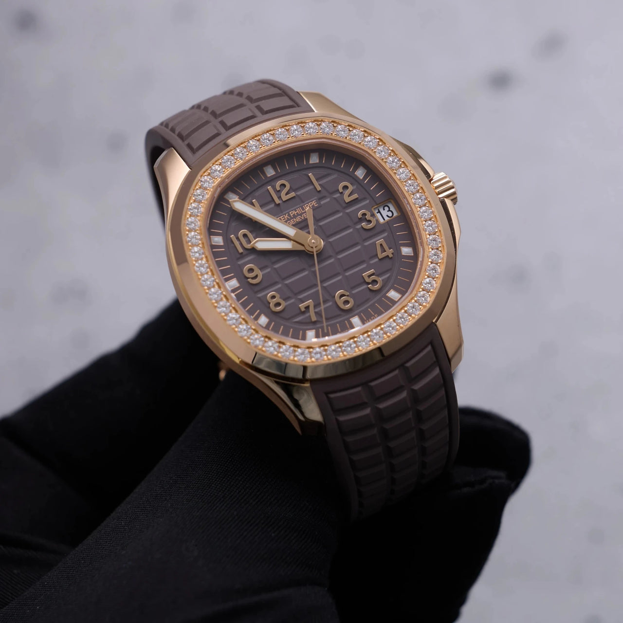 Patek Philippe Aquanaut 38.8mm 18K Rose Gold Taupe Dial Diamond Bezel (Ref 5268/200R-010) - WatchesOff5thWatch