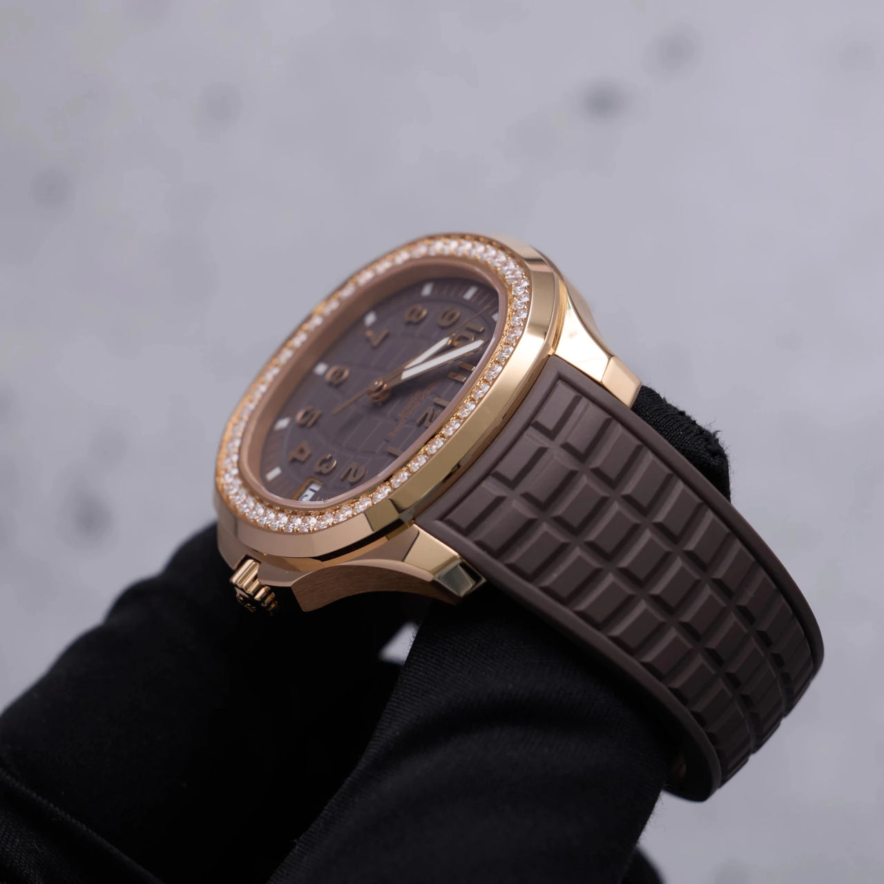 Patek Philippe Aquanaut 38.8mm 18K Rose Gold Taupe Dial Diamond Bezel (Ref 5268/200R-010) - WatchesOff5thWatch