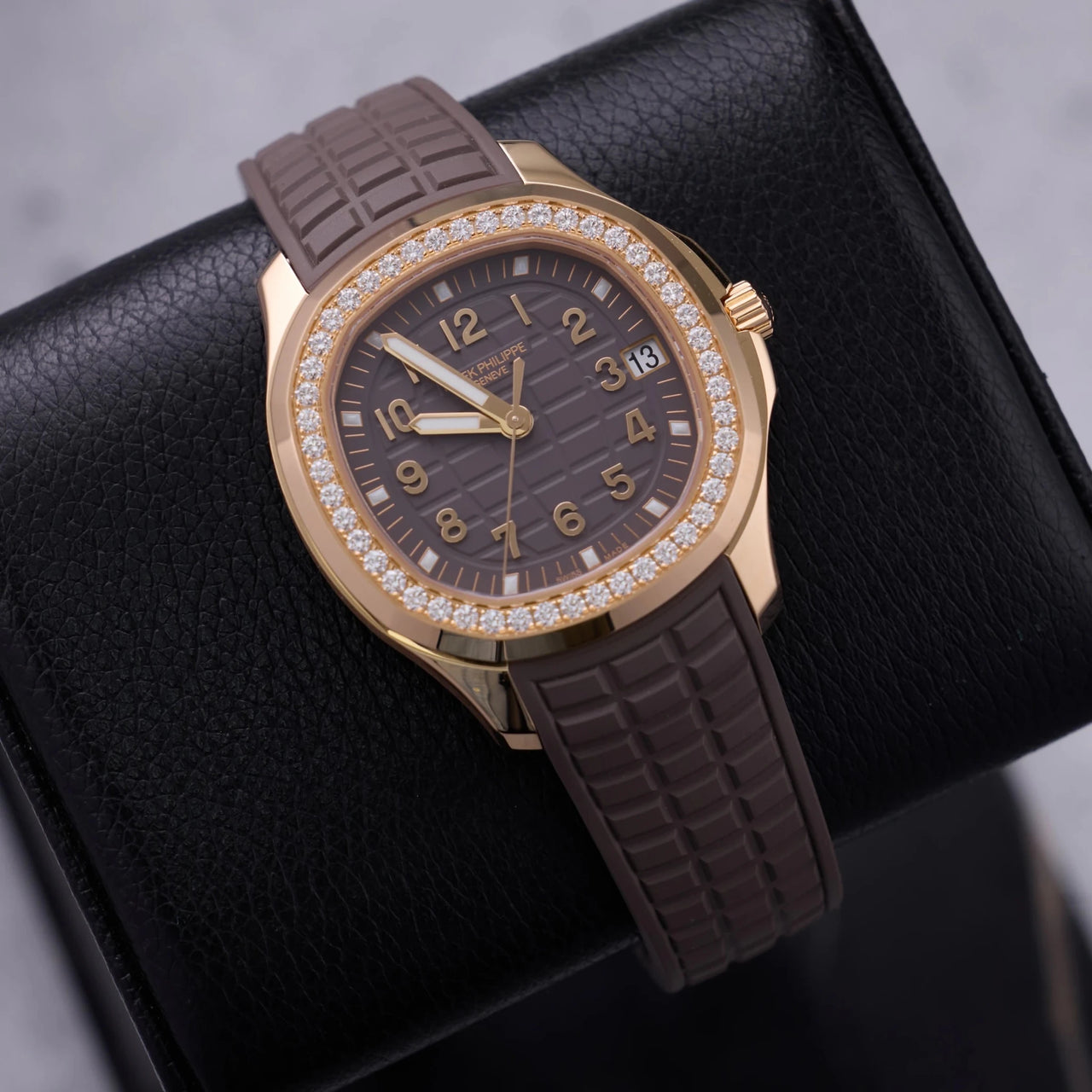 Patek Philippe Aquanaut 38.8mm 18K Rose Gold Taupe Dial Diamond Bezel (Ref 5268/200R-010) - WatchesOff5thWatch
