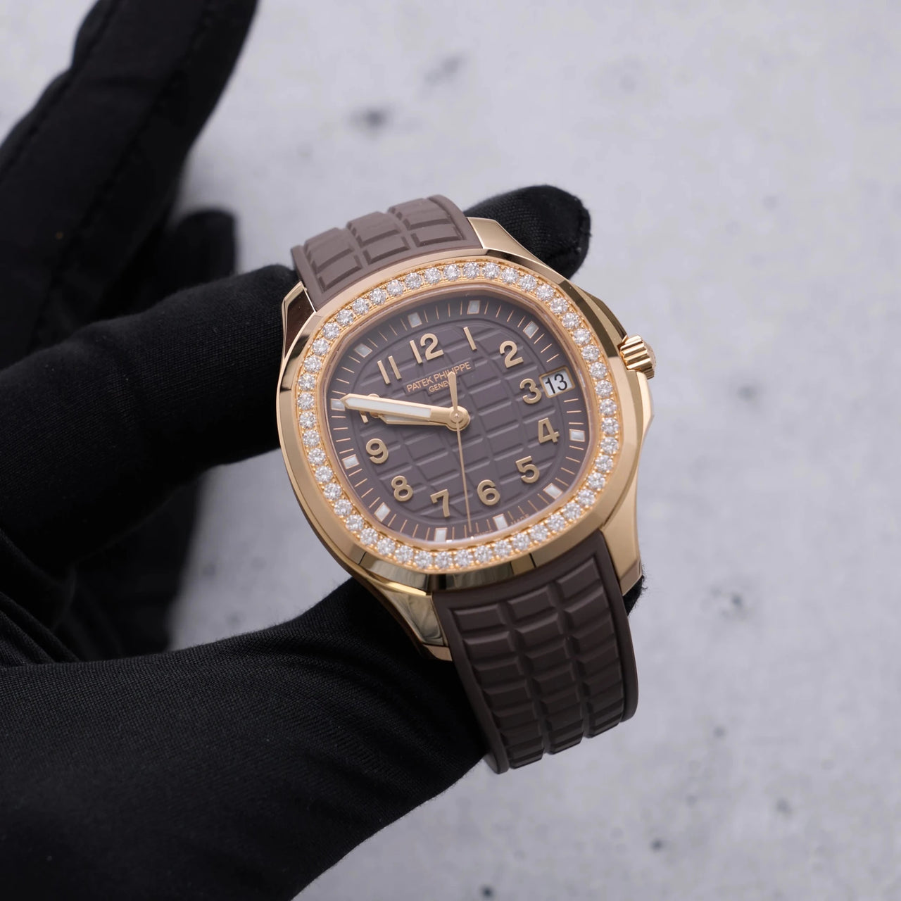 Patek Philippe Aquanaut 38.8mm 18K Rose Gold Taupe Dial Diamond Bezel (Ref 5268/200R-010) - WatchesOff5thWatch