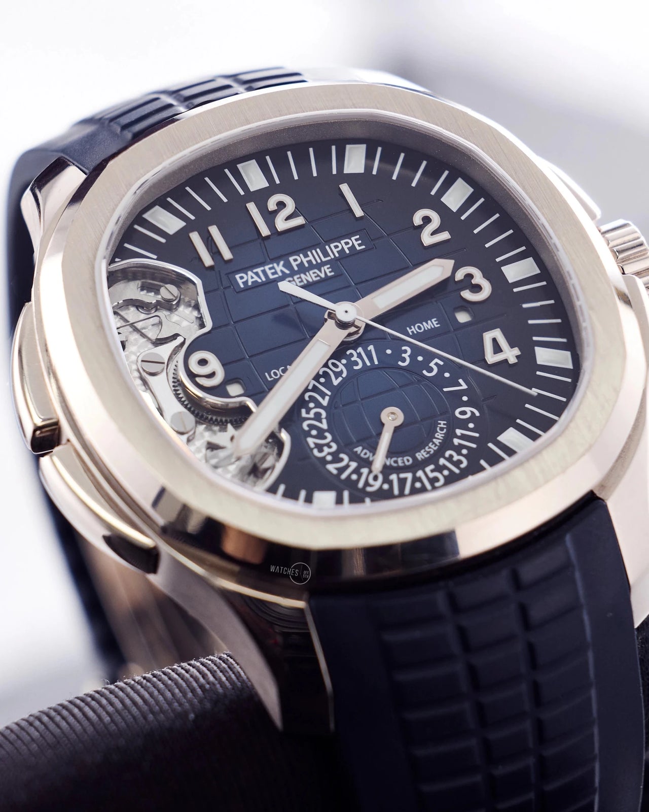 Patek Philippe Aquanaut Travel Time Advanced Research 40.8mm 18K White Gold Blue Dial Fixed Bezel (Ref 5650G - 001) - WatchesOff5thWatch
