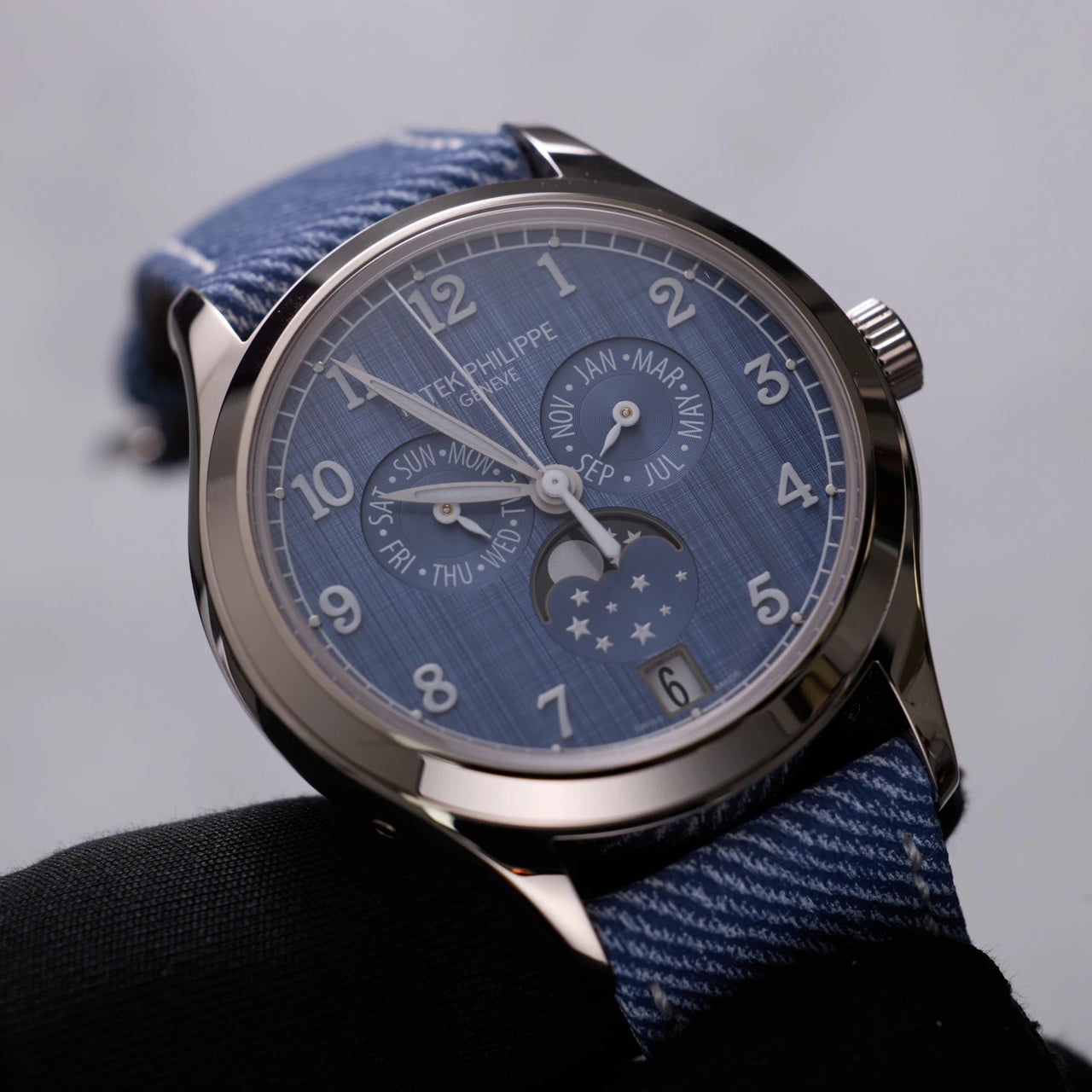 Patek Philippe Complications Annual Calendar 38mm 18K White Gold Blue Grey Dial Fixed Bezel (Ref 4946G-001) - WatchesOff5thWatch