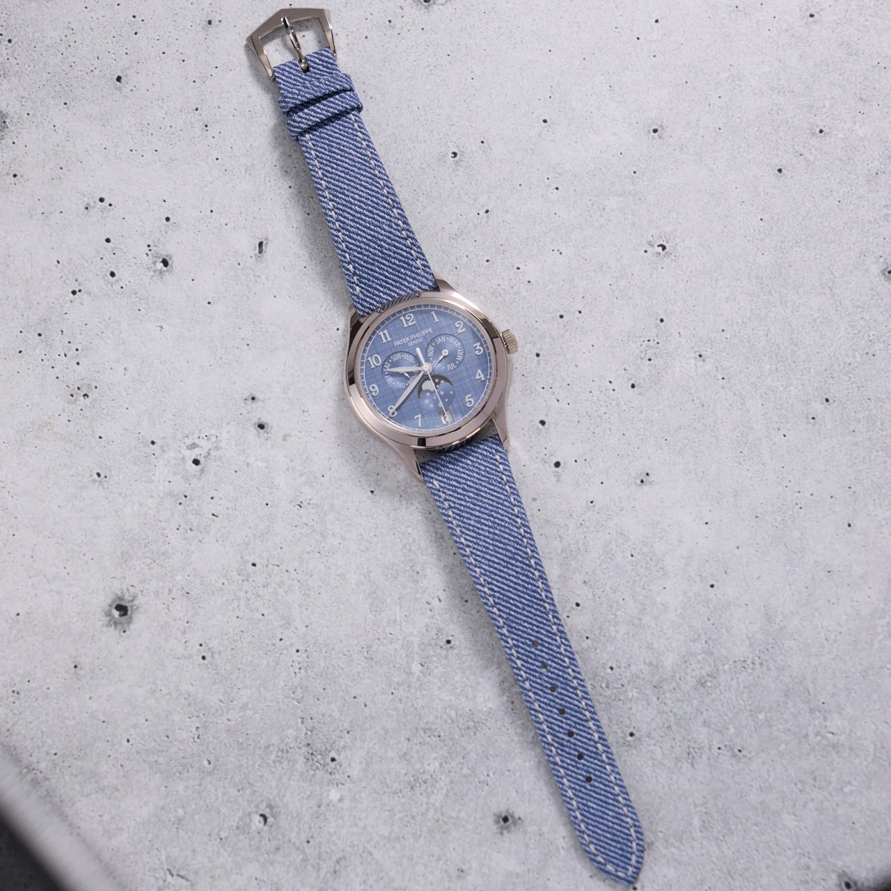 Patek Philippe Complications Annual Calendar 38mm 18K White Gold Blue Grey Dial Fixed Bezel (Ref 4946G-001) - WatchesOff5thWatch
