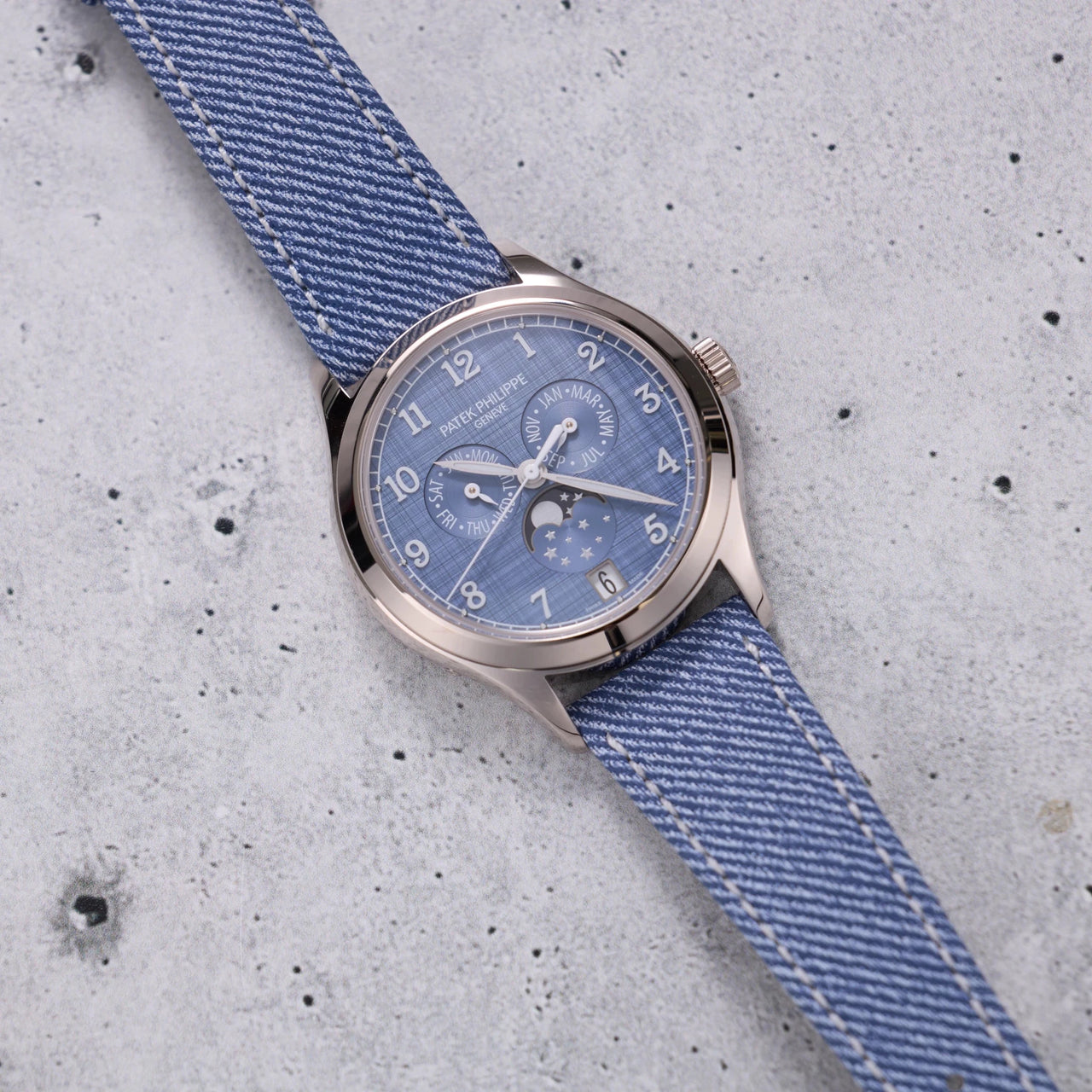 Patek Philippe Complications Annual Calendar 38mm 18K White Gold Blue Grey Dial Fixed Bezel (Ref 4946G-001) - WatchesOff5thWatch