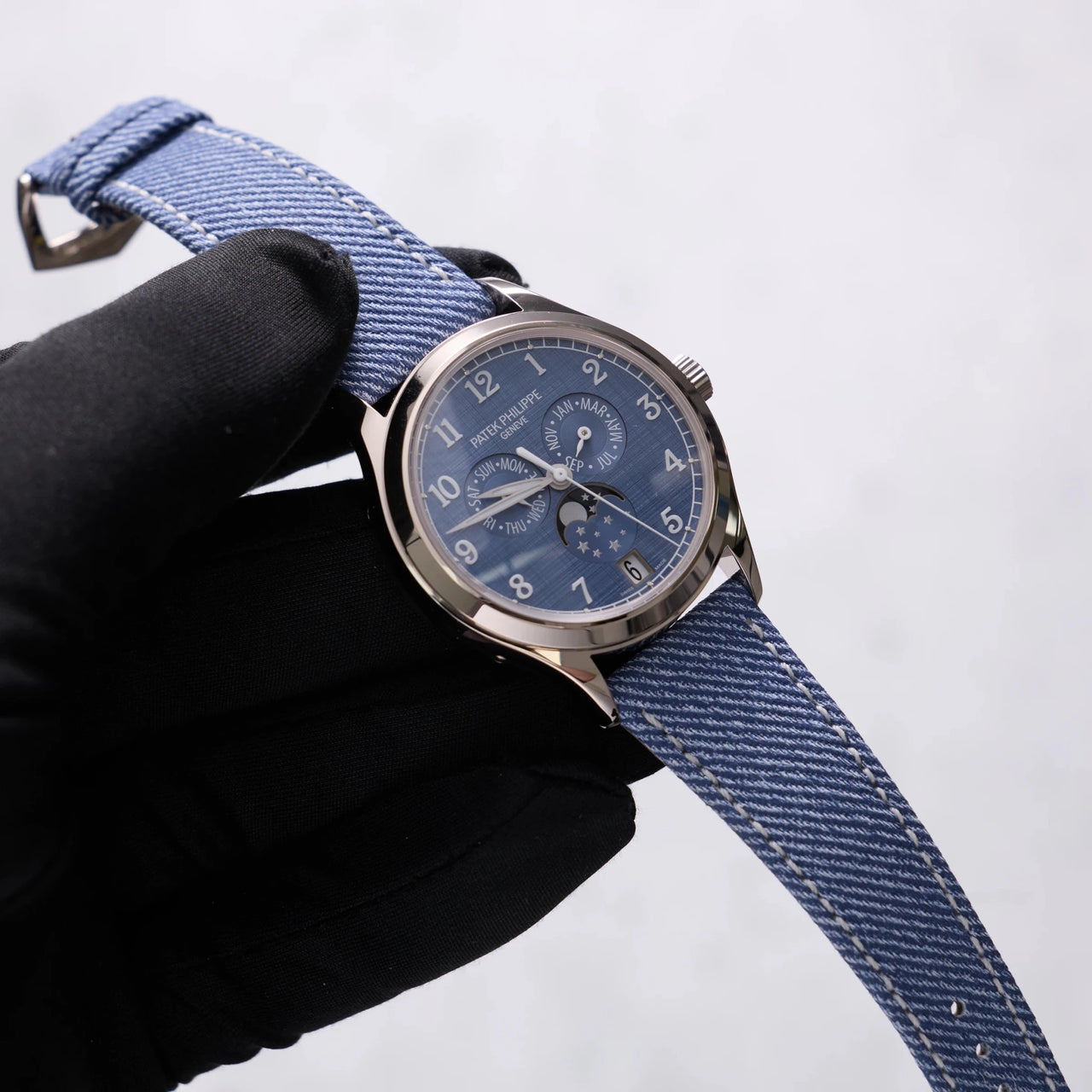 Patek Philippe Complications Annual Calendar 38mm 18K White Gold Blue Grey Dial Fixed Bezel (Ref 4946G-001) - WatchesOff5thWatch