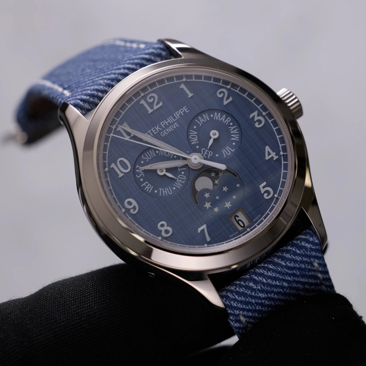 Patek Philippe Complications Annual Calendar 38mm 18K White Gold Blue Grey Dial Fixed Bezel (Ref 4946G-001) - WatchesOff5thWatch
