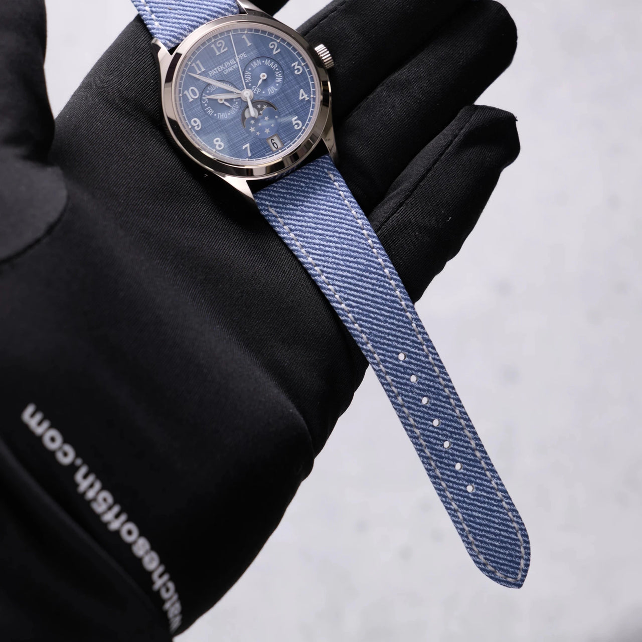 Patek Philippe Complications Annual Calendar 38mm 18K White Gold Blue Grey Dial Fixed Bezel (Ref 4946G-001) - WatchesOff5thWatch