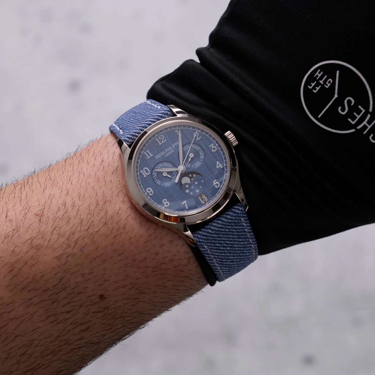Patek Philippe Complications Annual Calendar 38mm 18K White Gold Blue Grey Dial Fixed Bezel (Ref 4946G-001) - WatchesOff5thWatch